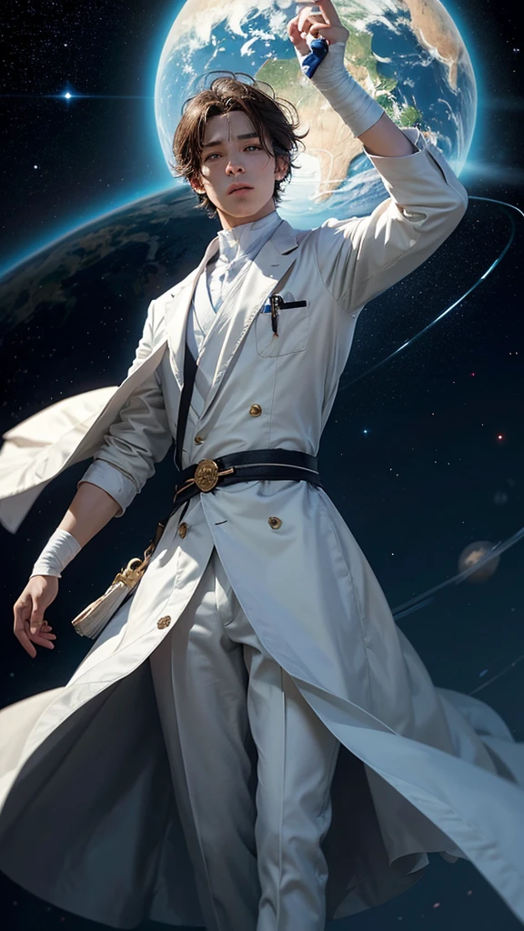 The image shows an illustrated character dressed in a white lab coat with his head bandaged, and on the bandages there is drawn a symbol of an eye. The character is holding the Earth in his hands, which is illuminated on one side, suggesting that sunlight illuminates the planet. The background is dark with a starry sky, emphasizing the globe and the character. In general, gives the impression of being a mysterious figure with some kind of control or influence over Earth.