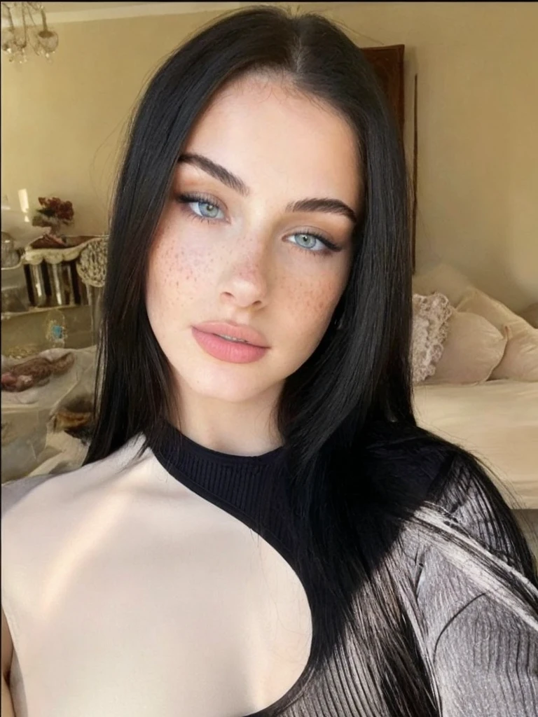 19 year old girl, realistic photo of a young white woman, selfie, perfect figure. Vantablack black hair styled loosely parted in the middle, ice blue eyes, pale skin, freckles. She wore an elegant tight-fitting long-sleeved blouse. Natural lighting, Masterpiece, Highly detailed, realistic skin texture, smooth complexion, natural looking hair, Vivid color, Raw photo, Best quality, High resolution, Award-winning photography, Intricate details, Picture fill, Sharp focus, 1080p, 8k, Natural, Looking at the camera