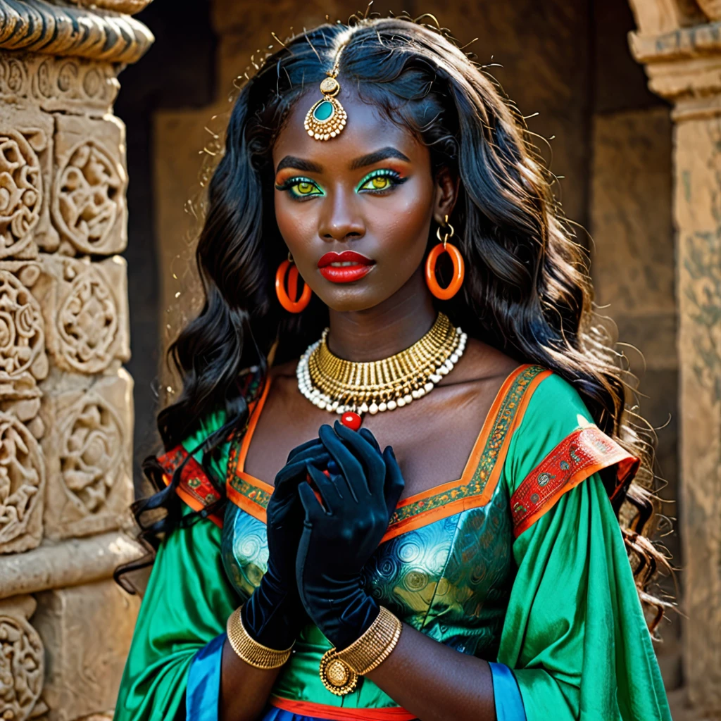 dark skin woman, with orange eyes, green and blue ancient era dress, with long wavy black hair, short black gloves on hands, a red ring on her finger, lips a little wide, golden hoops in her ears