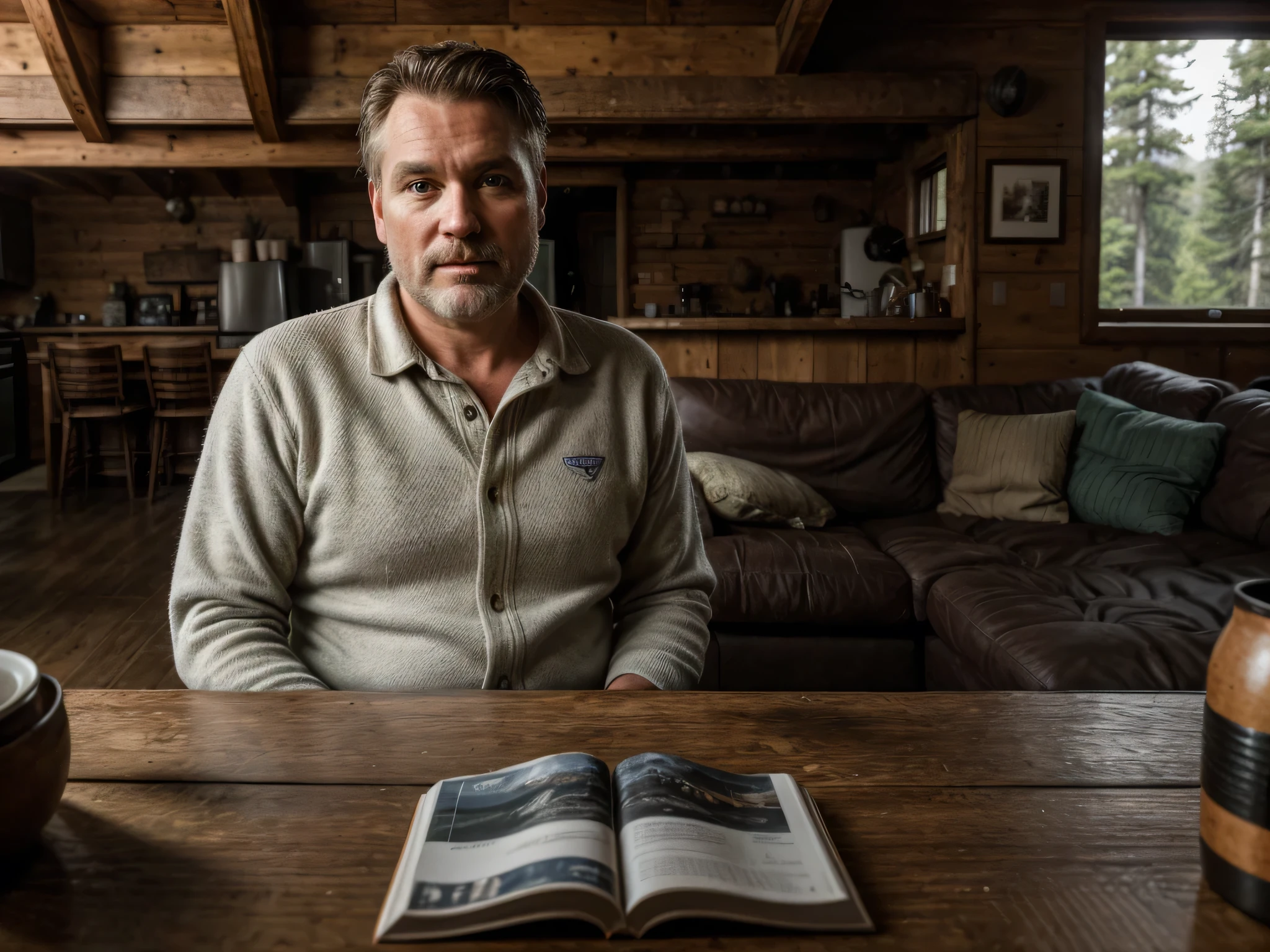 A 45-year-old white father in the living room of a Pacific Northwestern cabin, detailed faces, detailed eyes, well-groomed wilderness haircut, Patagonia clothes, 8k, hyperrealistic, photorealistic, cinematic lighting, chiaroscuro, warm color tones, natural sunlight, cozy atmosphere, rustic interior, wooden furniture, plaid patterns, earth tones