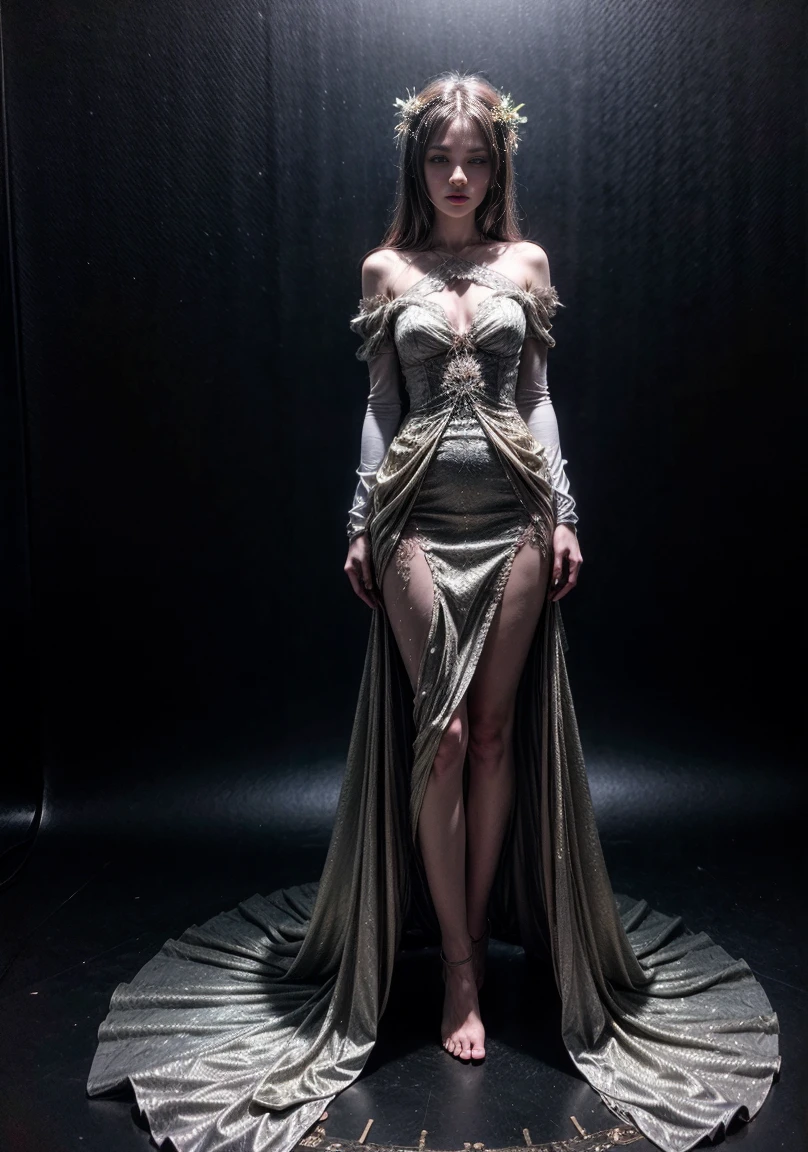 Photoshoot of a Beautiful full body woman in Wonder dress made of shimer and ethereal fabric from the Christmas Retro-Futuristic, Art Nouveau, double exposure. lines art, dark fantasy, acrylic masterpiece in the style of Craola, Andy Kehoe, Dorian Vallejo, Damian Lechoszest, Todd Lockwood.