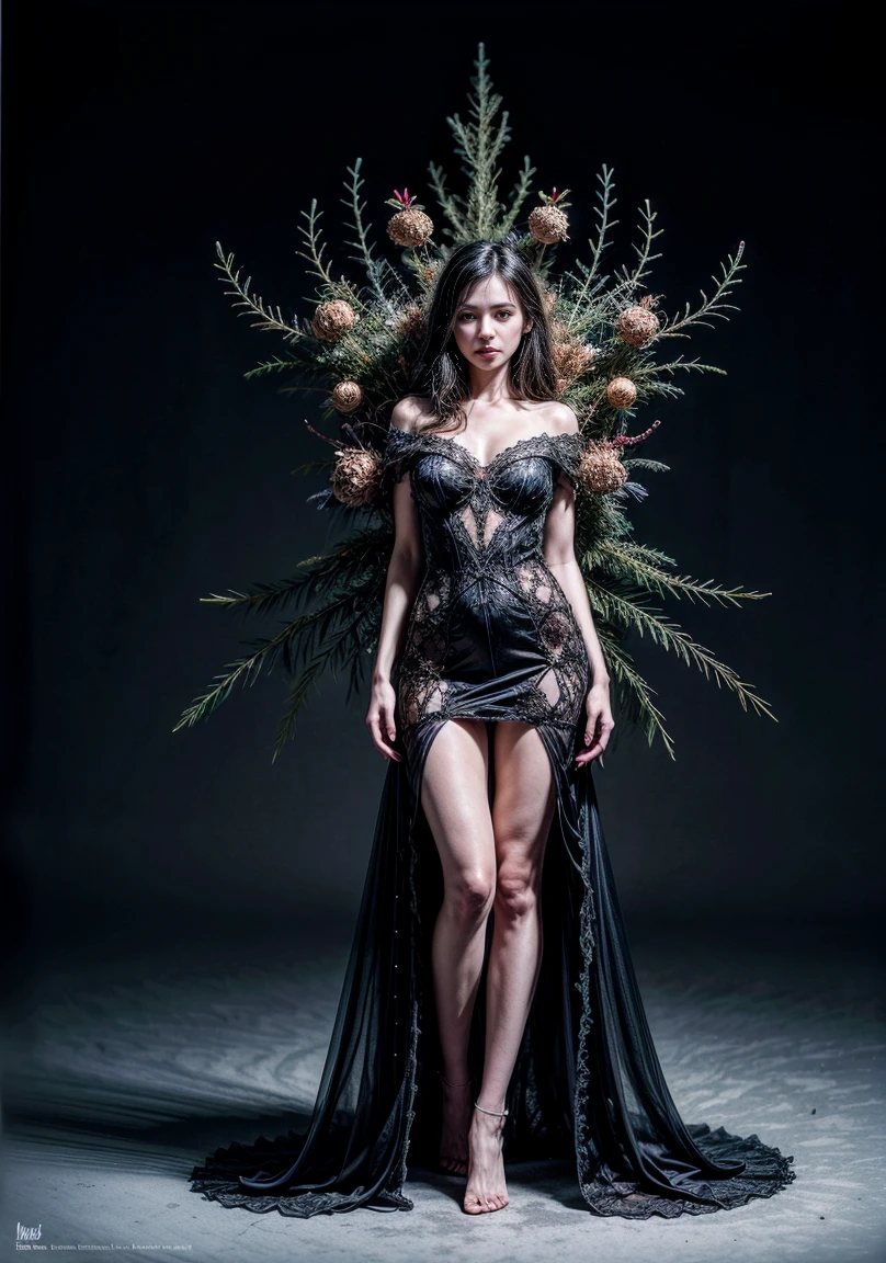 Photoshoot of a Beautiful full body woman in Wonder dress made of shimer and ethereal fabric from the Christmas Retro-Futuristic, Art Nouveau, double exposure. lines art, dark fantasy, acrylic masterpiece in the style of Craola, Andy Kehoe, Dorian Vallejo, Damian Lechoszest, Todd Lockwood.