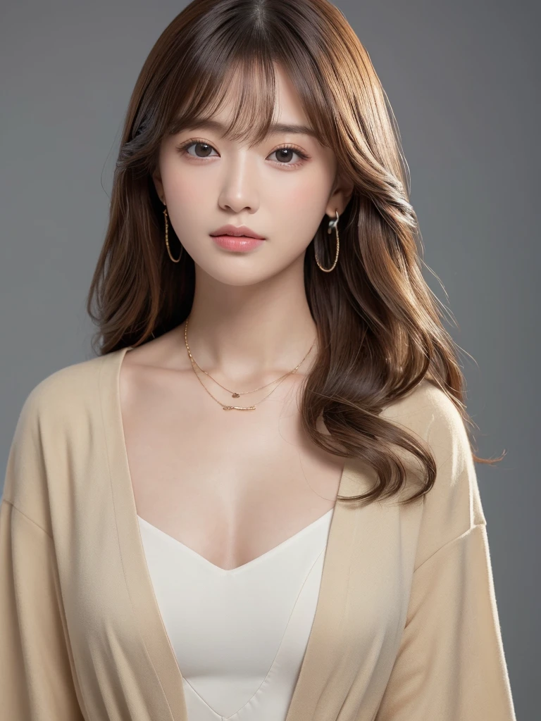 ((Highest quality, 8K, masterpiece:1.3)), concentrate: 1.2, Perfect body beauty: 1.4, Hips: 1.2, ((Long Hair, chest: 1.2)), (Dry clothes: 1.1) , (clear, Simple Background:1.3), Simple clothes: 1.1, Highly detailed face and skin texture,Delicate eyes, double eyelid, Whitened skin, Rough skin、Long Hair、Earrings with bangs、necklace、 solo、Beige coat、White shirt, (((Beautiful girl with cute Japan)))、 ((Beautiful Japanese girl 20 years old))、 ((Baby Face))、 (((Slender body)))、 Upper Body,Face focus、necklace,Simple Background,From above, Realistic Hair、 A photograph was taken:Canon EOS R6、135mm、1/1250 seconds、f2.8、ISO400、(Detailed explanation of the hand)、(Masseter muscle area)、(Exquisite CG)、Long Hair, loose and curly hair、Korean Hair、Long Hair明るいベージュ色、グラデーションハイライトグレージュのゆるふわLong Hairスタイル、