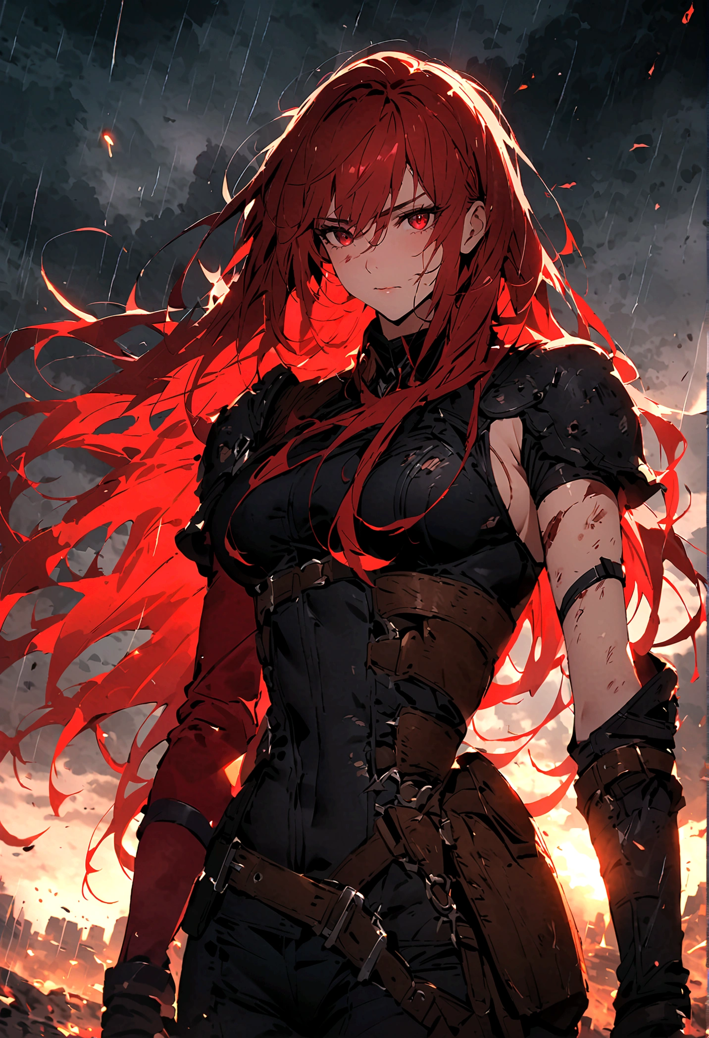 (only one person),Dark sky,heavy rain,lightning,dark clouds,(Battle damage机甲,Battle damage),Leather,Long hair