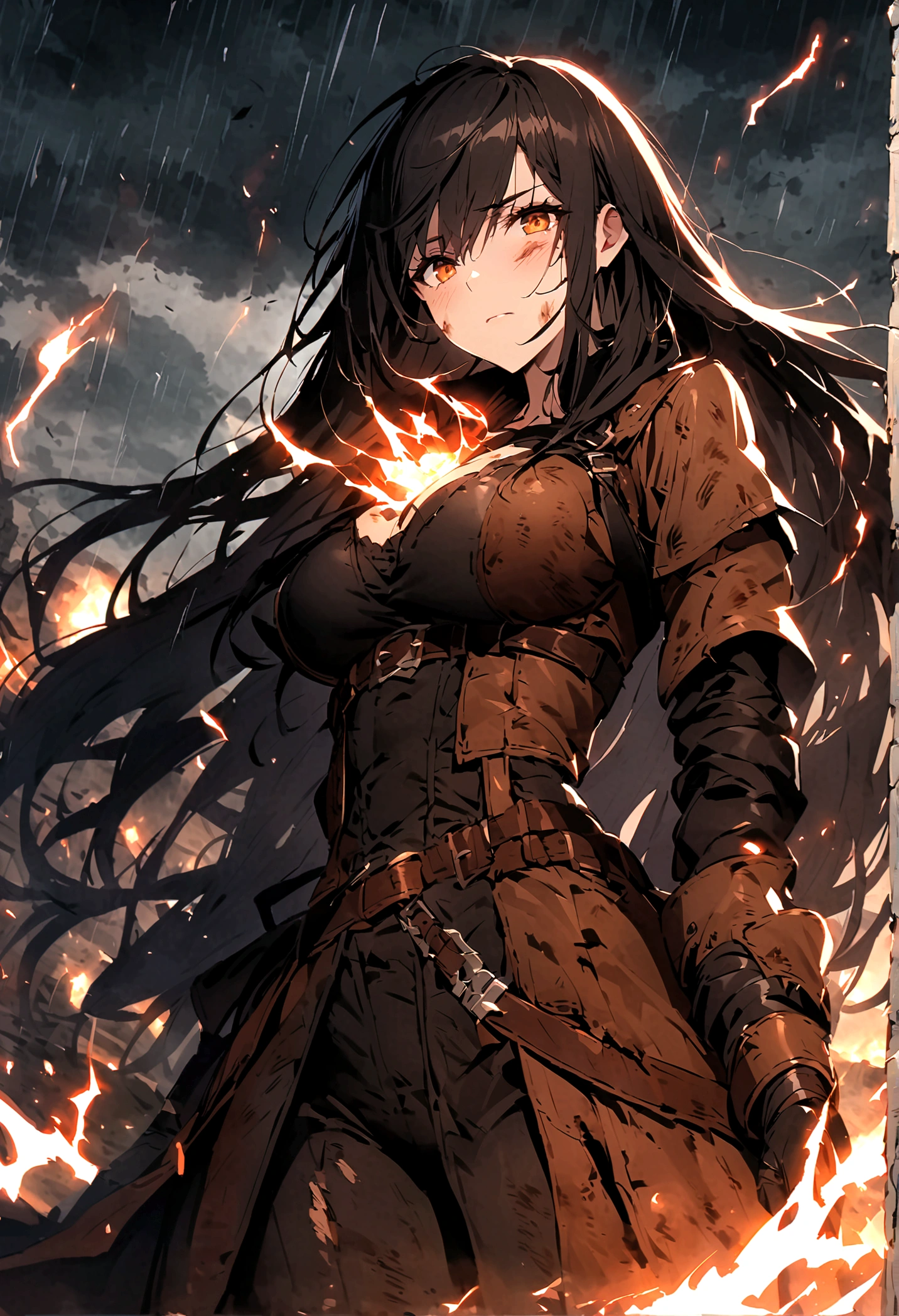 (only one person),Dark sky,heavy rain,lightning,dark clouds,(Battle damage机甲,Battle damage),Leather,Long hair