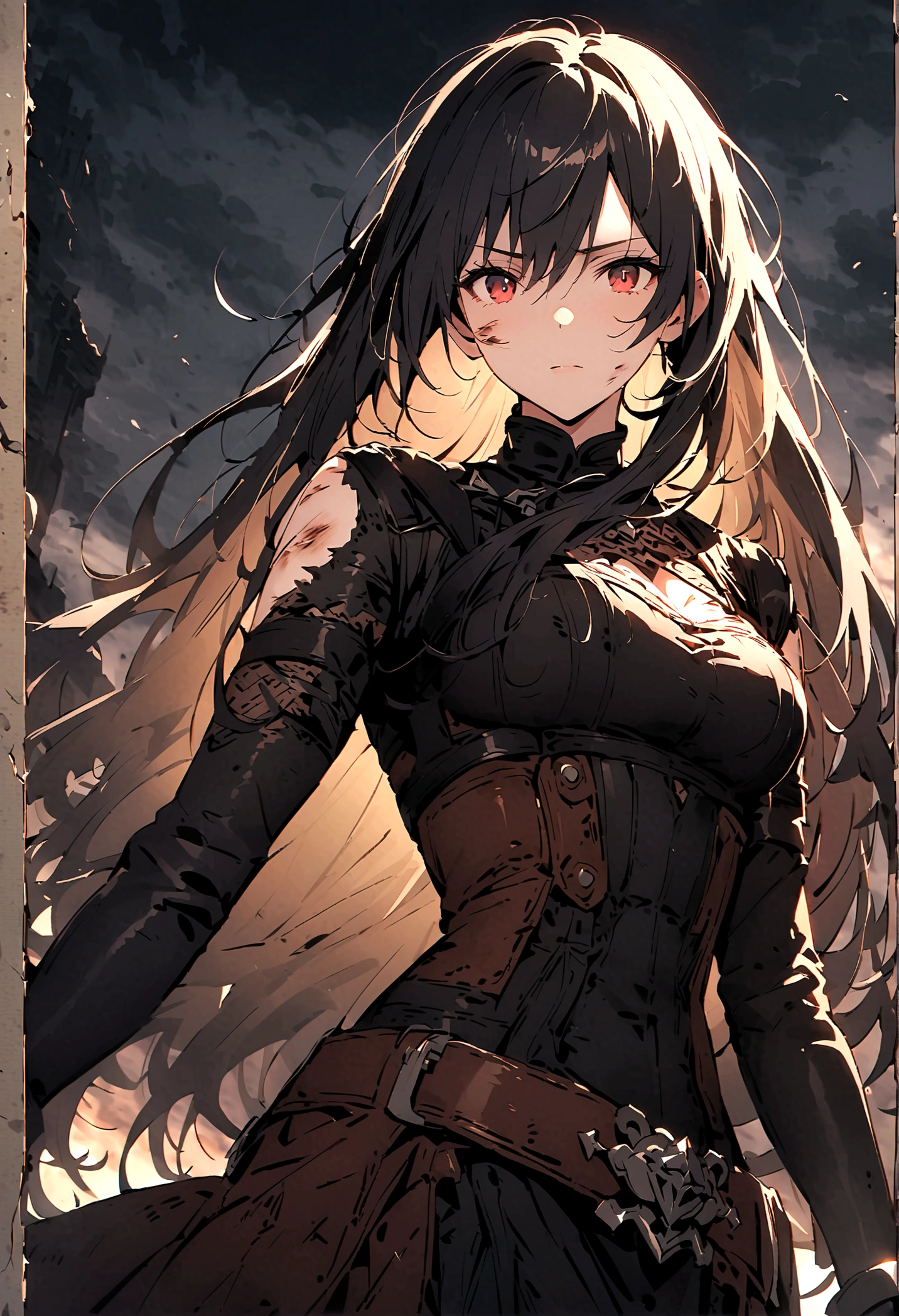 (only one person),Dark sky,heavy rain,lightning,dark clouds,(Battle damage机甲,Battle damage),Leather,Long hair
