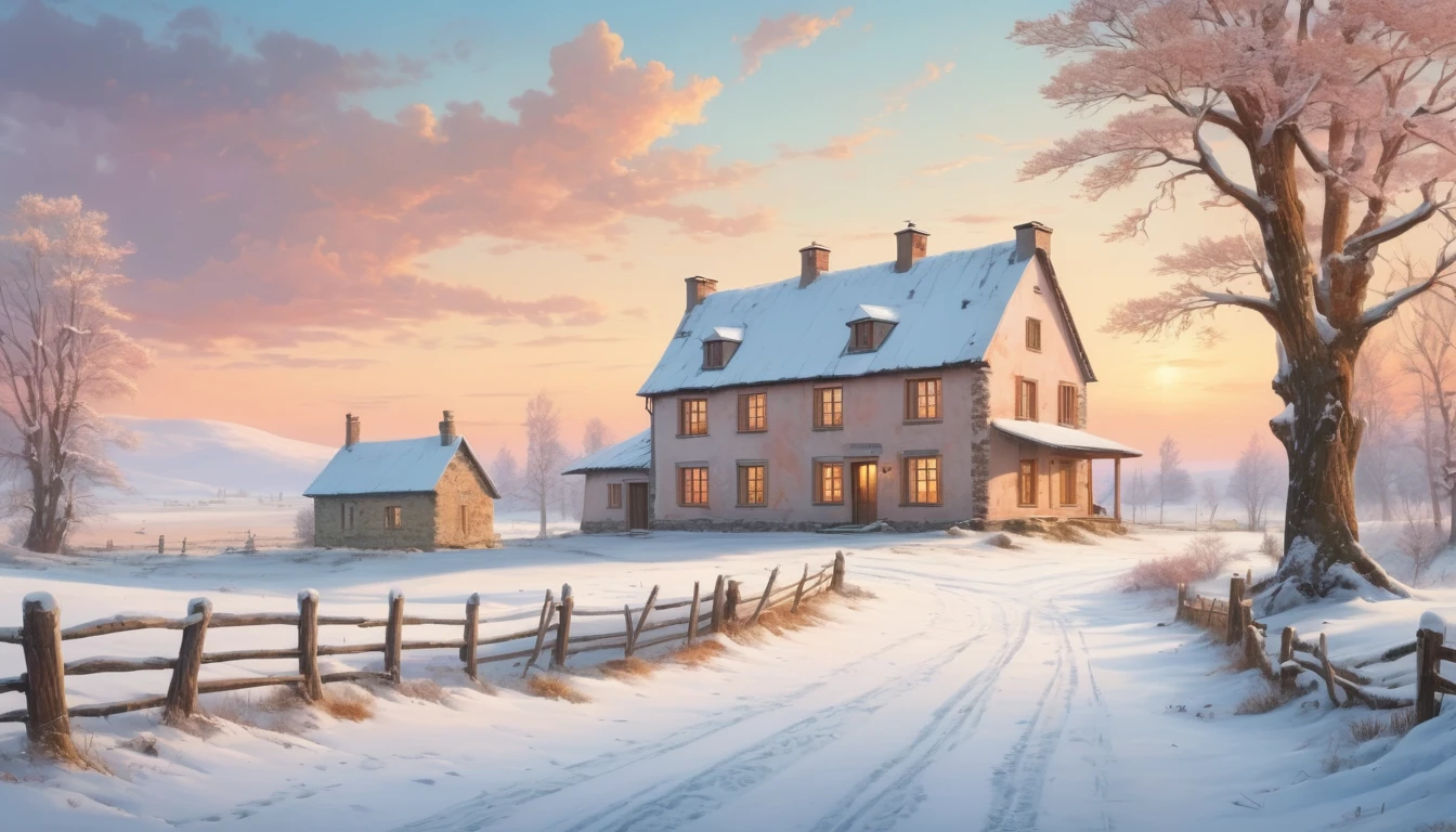 The farmhouse in a silent, snow-covered landscape with soft, muted colors and a peaceful atmosphere. Style of Caspar David Friedrich. Hyper realistic photo, vibrant colors, 16k