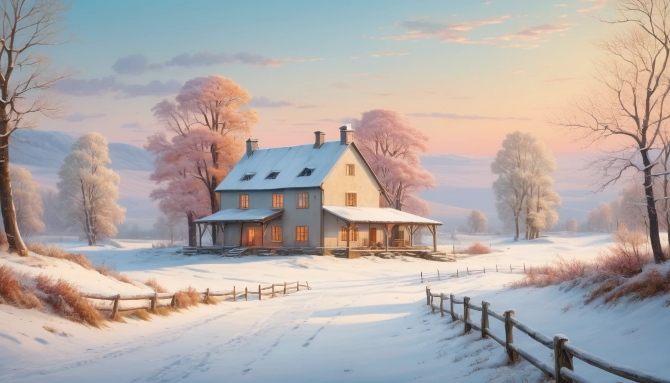 The farmhouse in a silent, snow-covered landscape with soft, muted colors and a peaceful atmosphere. Style of Caspar David Friedrich. Hyper realistic photo, vibrant colors, 16k