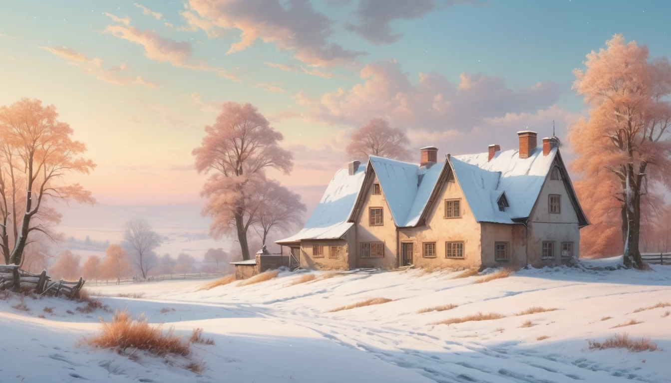 The farmhouse in a silent, snow-covered landscape with soft, muted colors and a peaceful atmosphere. Style of Caspar David Friedrich. Hyper realistic photo, vibrant colors, 16k