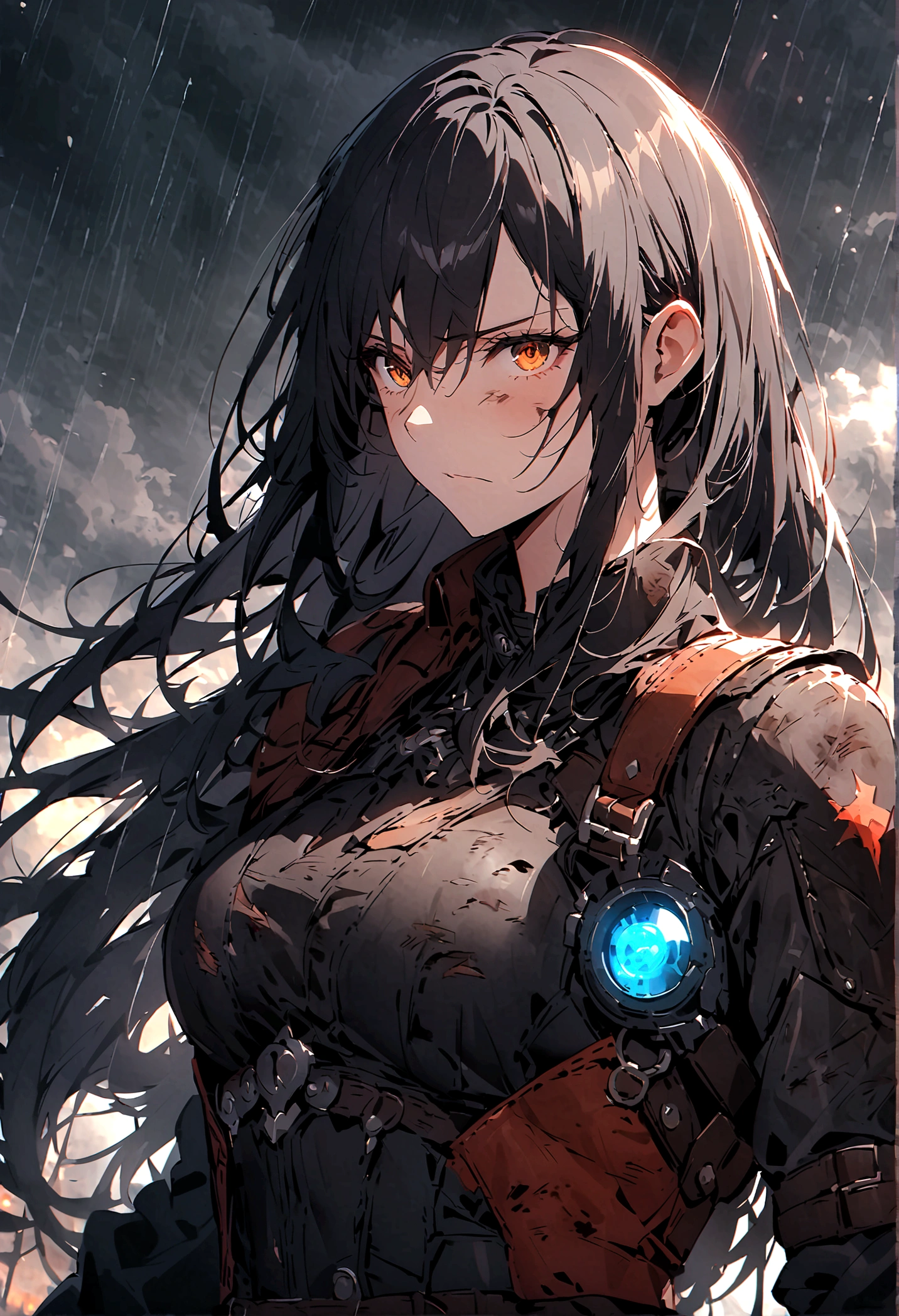 （only one person），Dark sky，heavy rain，lightning，dark clouds，(Battle damage机甲，Battle damage)，Leather，Long hair