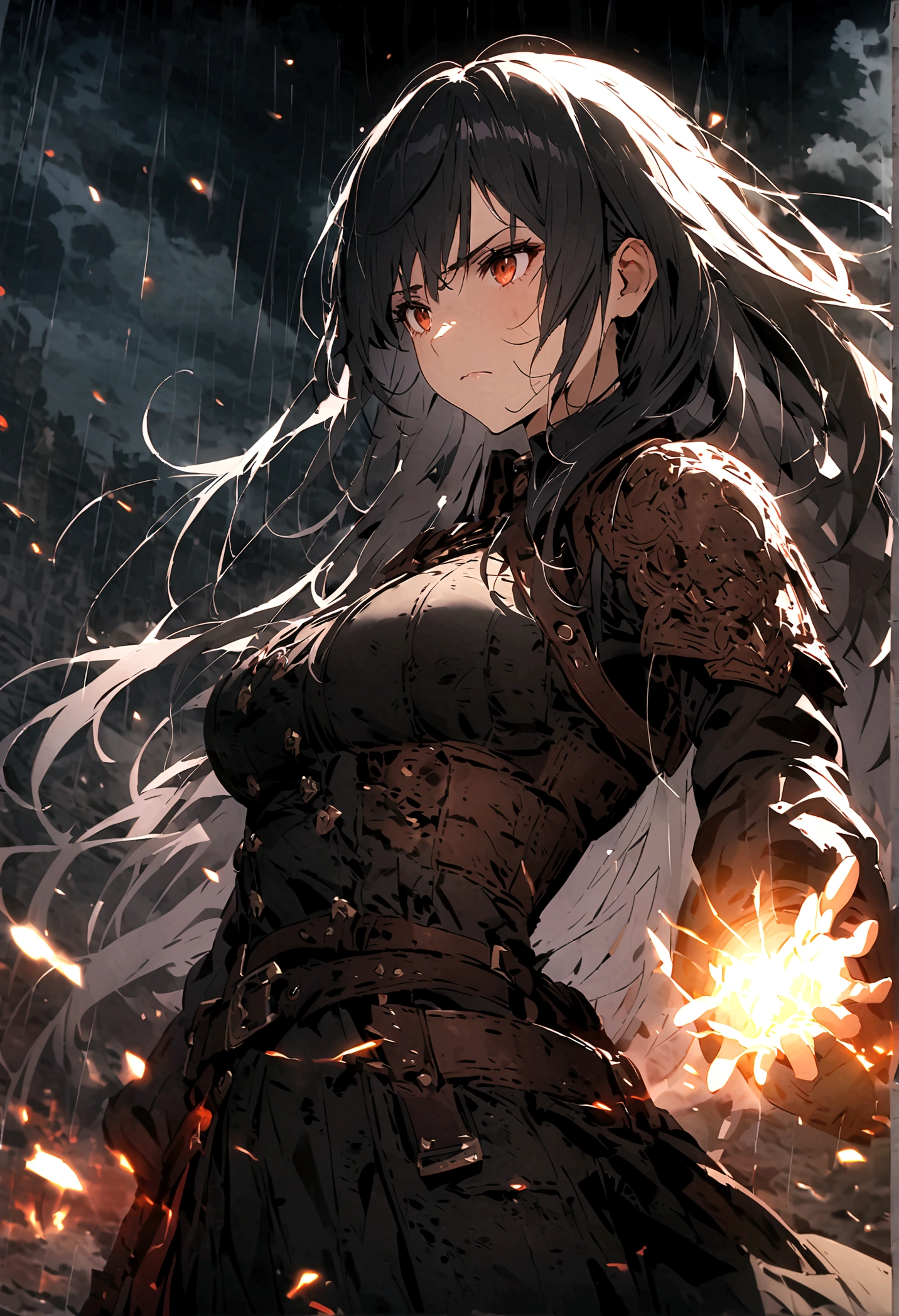 (only one person),Dark sky,heavy rain,lightning,dark clouds,(Battle damage机甲,Battle damage),Leather,Long hair