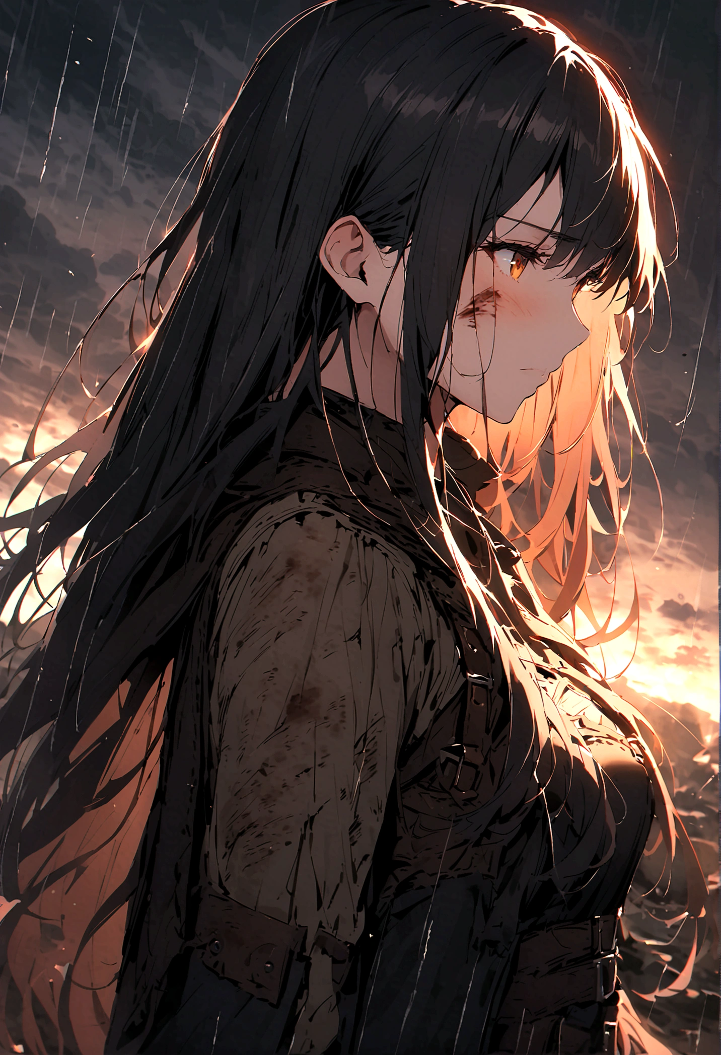(only one person),Dark sky,heavy rain,lightning,dark clouds,(Battle damage机甲,Battle damage),Leather,Long hair