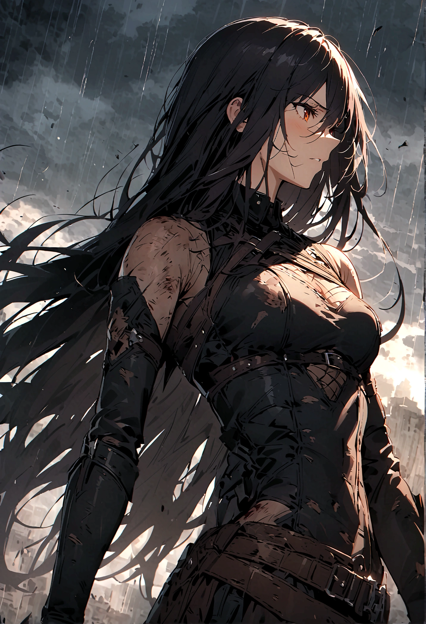 (only one person),Dark sky,heavy rain,lightning,dark clouds,(Battle damage机甲,Battle damage),Leather,Long hair
