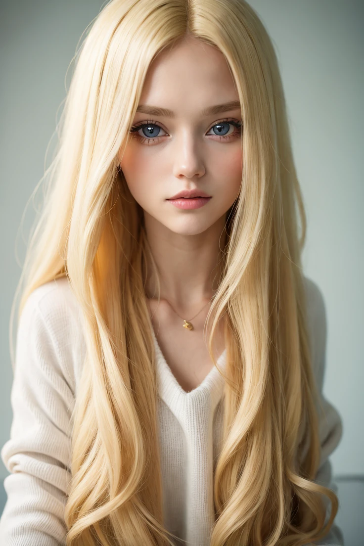 Blonde woman with long hair and a white sweater posing for a photo, a gorgeous blonde, longos blonde hair and large eyes, Pretty Blonde, longos blonde hair and large eyes, blonde hair and large eyes, blonde girl, blonde swedish woman, face perfect ), one with blonde hair, blonde and attractive features, yelena belova, Taran Dasha