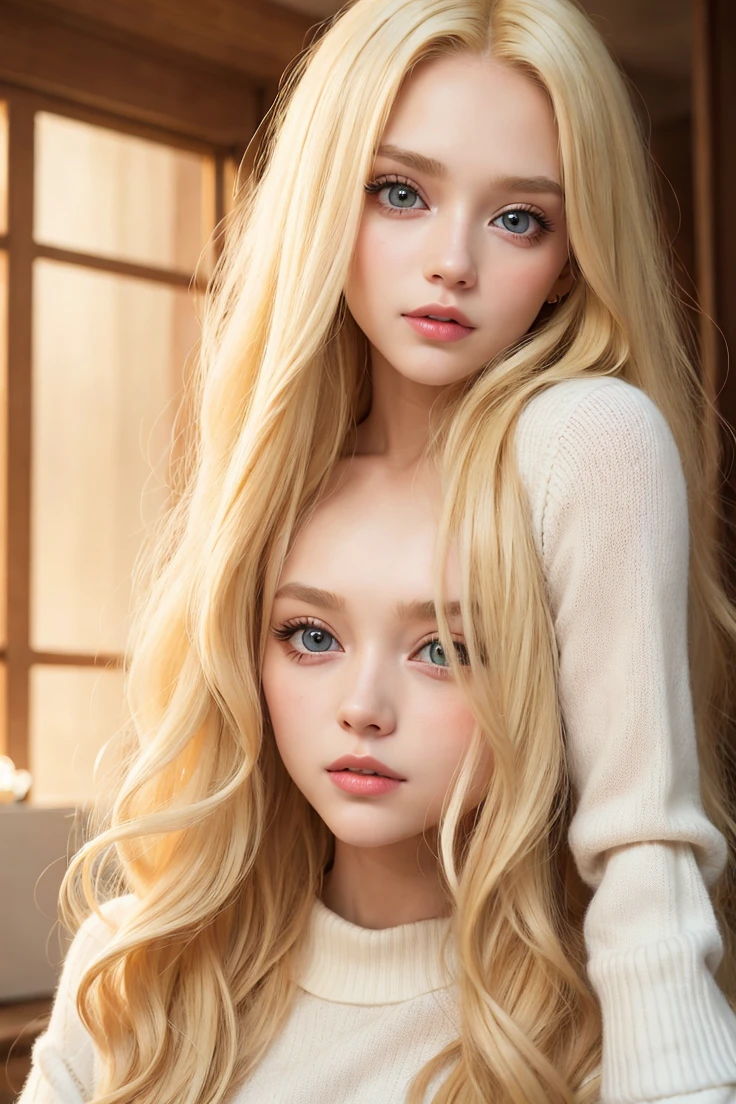 Blonde woman with long hair and a white sweater posing for a photo, a gorgeous blonde, longos blonde hair and large eyes,  Pretty Blonde, longos blonde hair and large eyes, blonde hair and large eyes, blonde girl, blonde swedish woman, face perfect ), one with blonde hair, blonde and attractive features, yelena belova, Taran Dasha