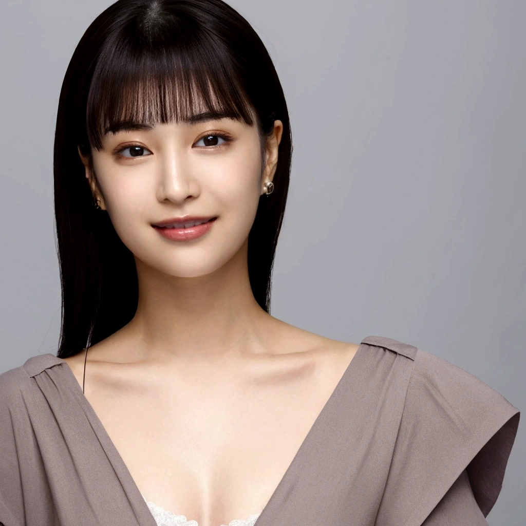 (8K, 4K, Best Quality, High Definition, Ultra High Definition: 1.1), (Masterpiece, Realistic, Photorealistic: 1.1), Solo, Japanese woman, H cup, cute, erotic, model's expression, gravure idol, black straight hair, straight bangs, oval face, large round dark eyes, small well-shaped nose, small full lips, warm smile, thin neat eyebrows, clean and approachable aura,