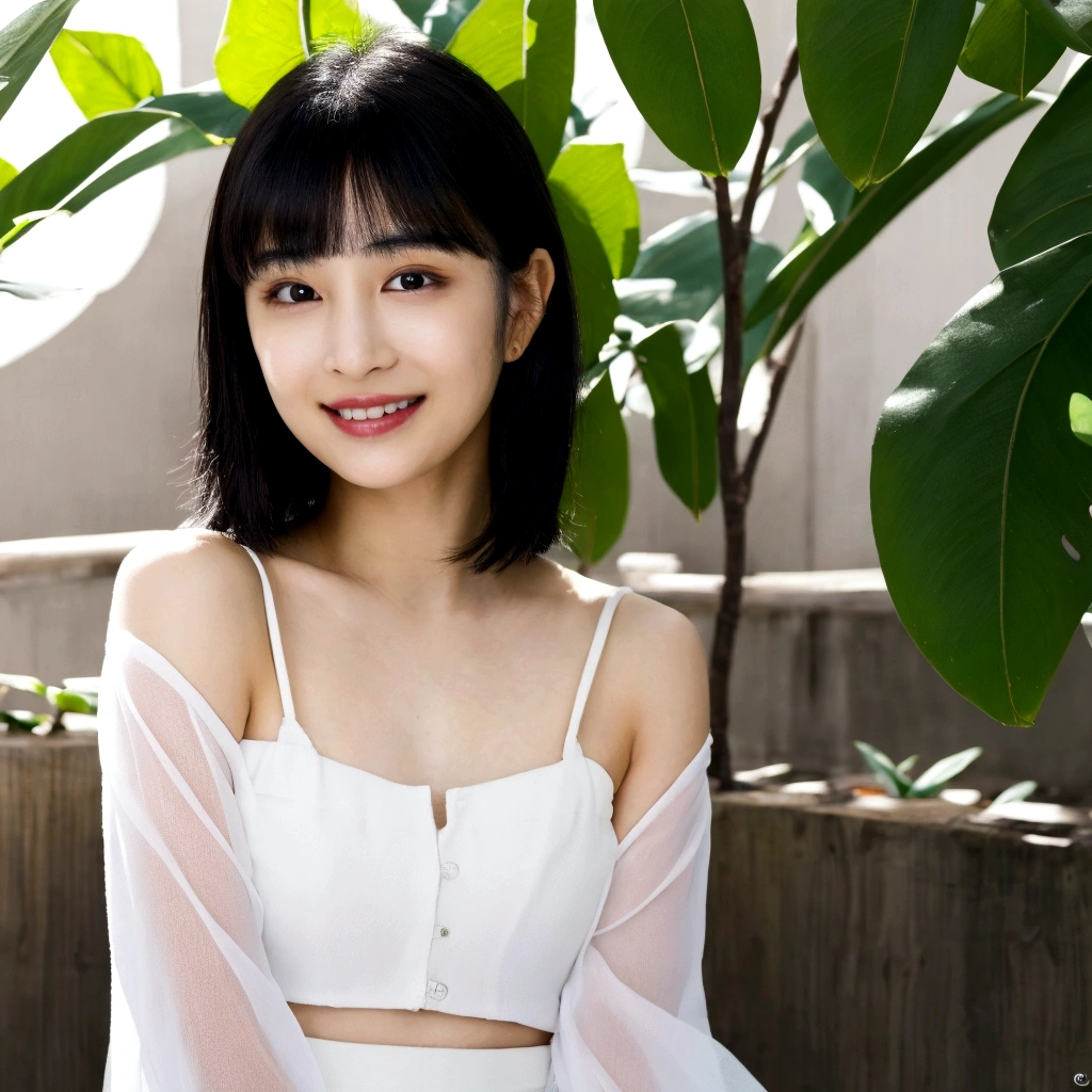 (8K, 4K, Best Quality, High Definition, Ultra High Definition: 1.1), (Masterpiece, Realistic, Photorealistic: 1.1), Solo, Japanese woman, H cup, cute, erotic, model's expression, gravure idol, black straight hair, straight bangs, oval face, large round dark eyes, small well-shaped nose, small full lips, warm smile, thin neat eyebrows, clean and approachable aura,