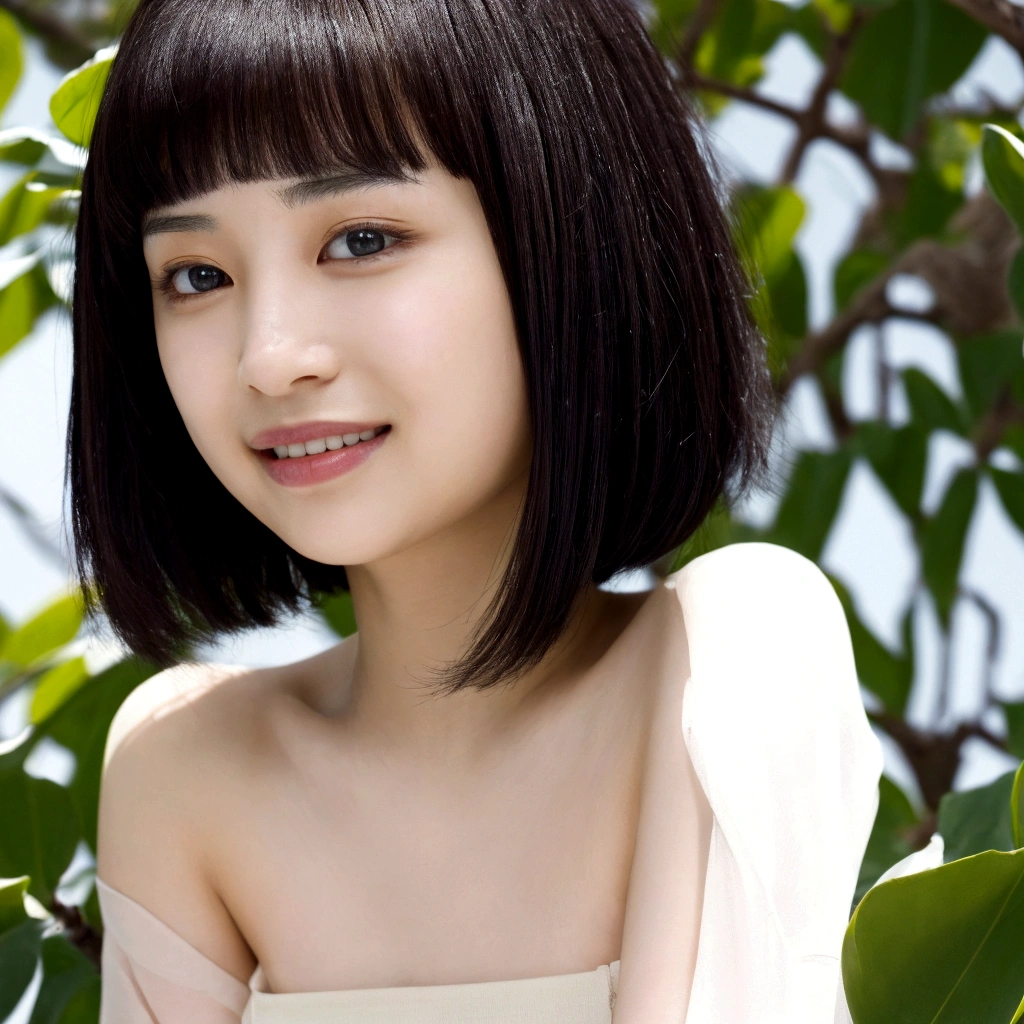 (8K, 4K, Best Quality, High Definition, Ultra High Definition: 1.1), (Masterpiece, Realistic, Photorealistic: 1.1), Solo, Japanese woman, H cup, cute, erotic, model's expression, gravure idol, black straight hair, straight bangs, oval face, large round dark eyes, small well-shaped nose, small full lips, warm smile, thin neat eyebrows, clean and approachable aura,