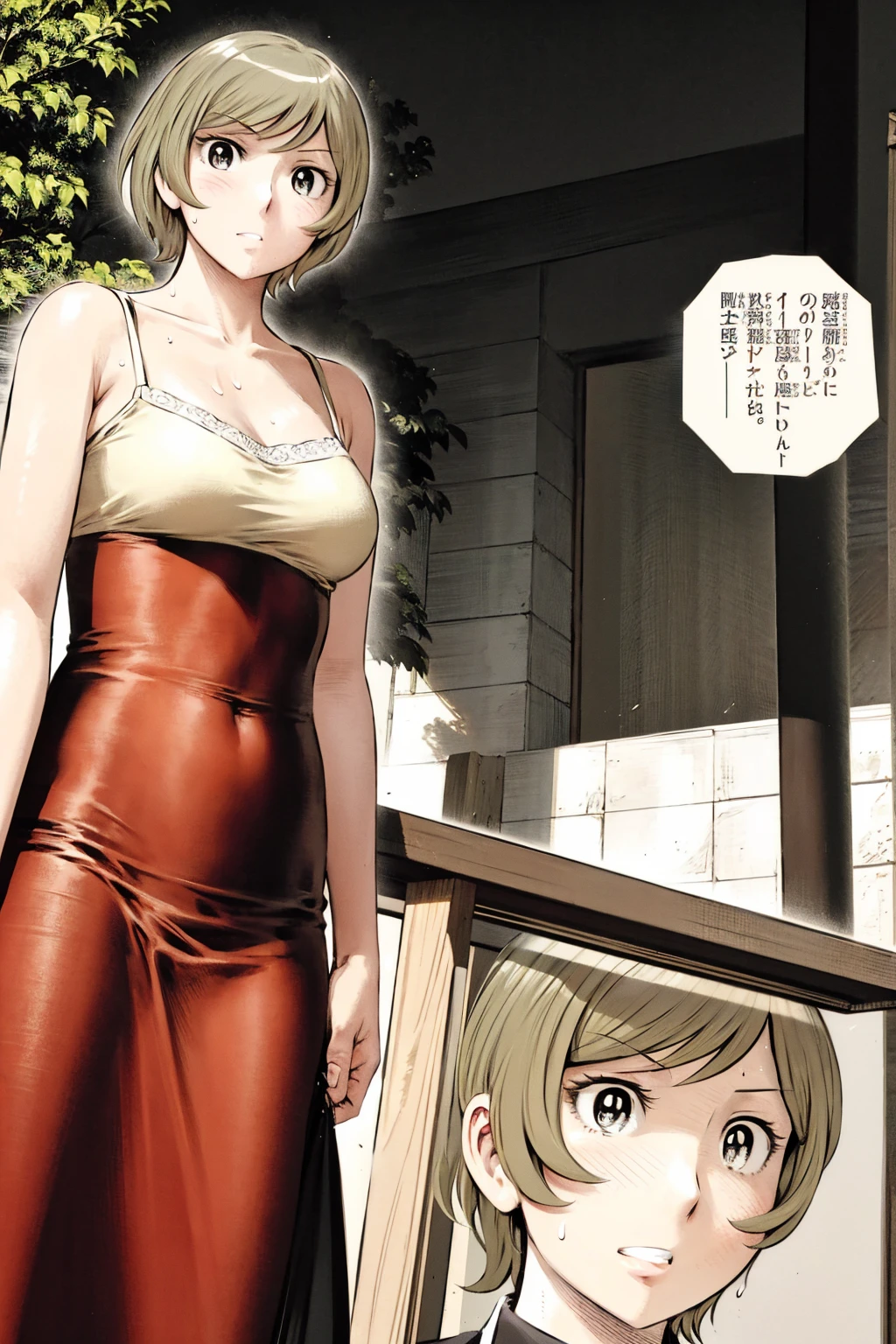 、(masterpiece、Highest quality)、Highest quality, Ultra-high resolution, (((masterpiece))), alone, Sweat、Big eyes, No sleeve、Outdoor、Floral dress、Composition from the front、(Cut the back hair short、short hair、blonde、woman)、Shortcuts、Embarrassed face、Cut your hair short、可愛いwomanの子、Big Breasts