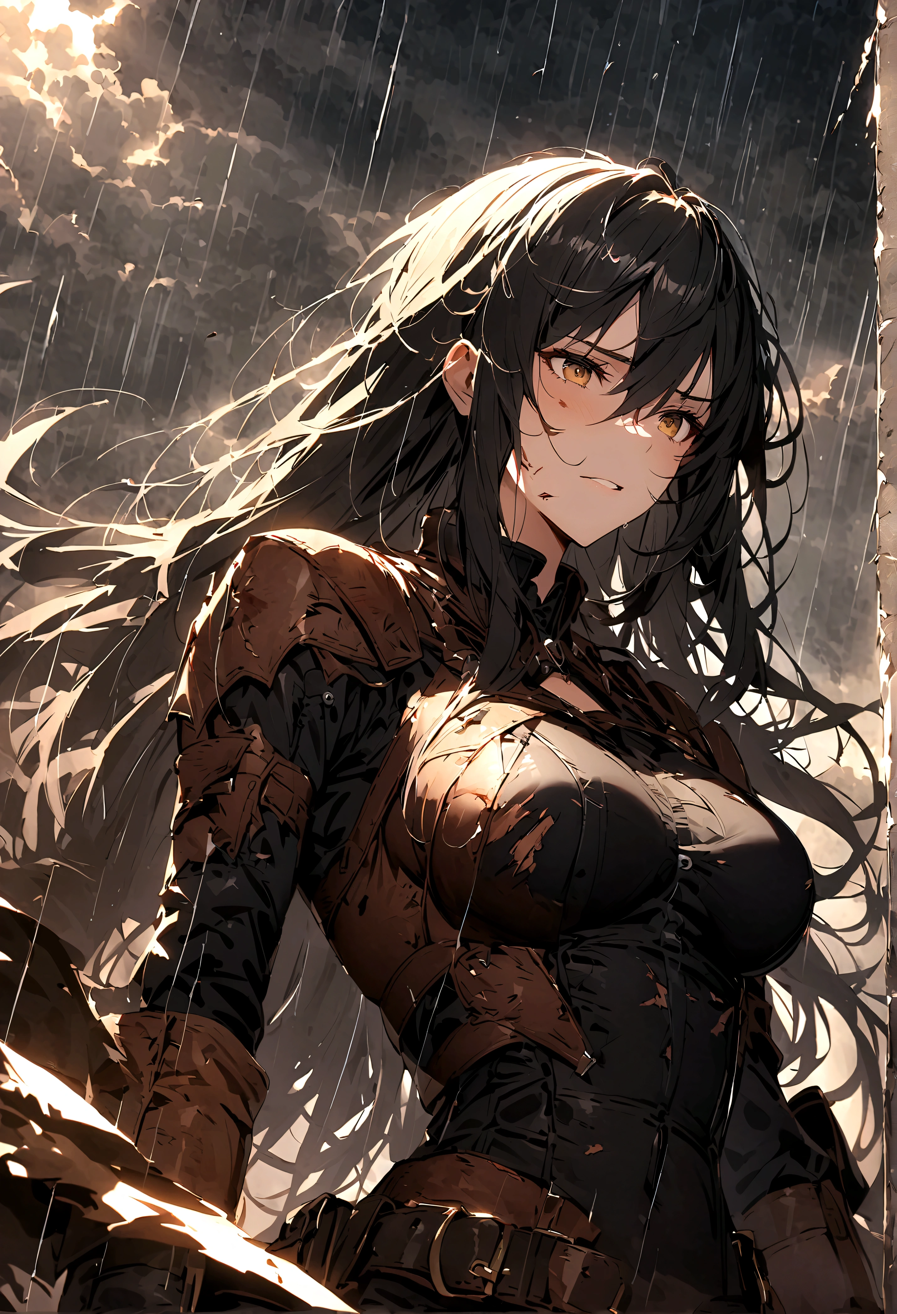 (only one person),Dark sky,heavy rain,lightning,dark clouds,(Battle damage机甲,Battle damage),Leather,Long hair