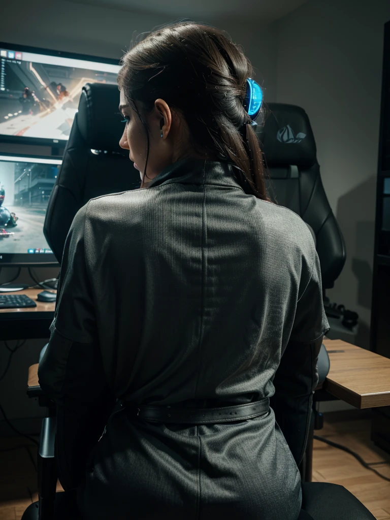 a beautiful gamer woman, third person view, perfil view, back view, playing video games, highly detailed face and expression, beautiful detailed eyes, beautiful detailed lips, extremely detailed eyes and face, long eyelashes, elegant posture, gaming chair, gaming setup, high-end gaming PC, complex gaming environment, vivid colors, dramatic lighting, cinematic composition, photorealistic, 8k, best quality, masterpiece, digital painting