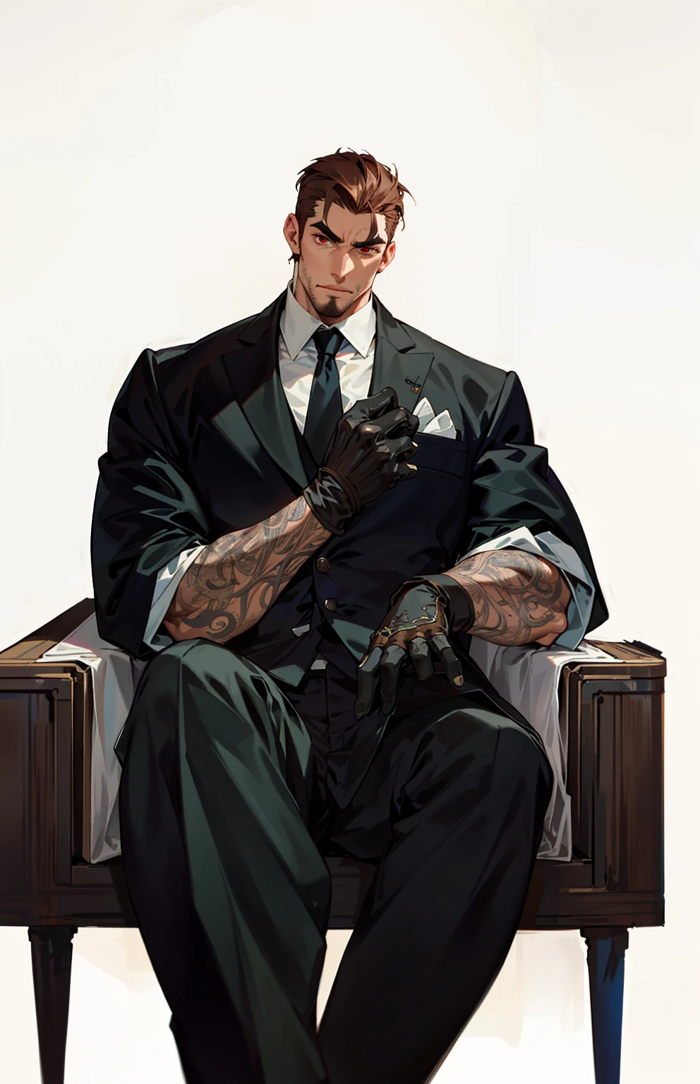 （best quality，masterpiece：1.2，detailed details，4k），Mafia, male, 45 years old, exuding a dangerous aura, white skin, well-proportioned figure, handsome face, ivory skin, strong physique, red eyes, brown hair, prominent eyebrows, intricate and detailed retro gun tattoos on both arms, black jacket, pants and gloves, and a stern face. A cigar is biting on his mouth, anime 