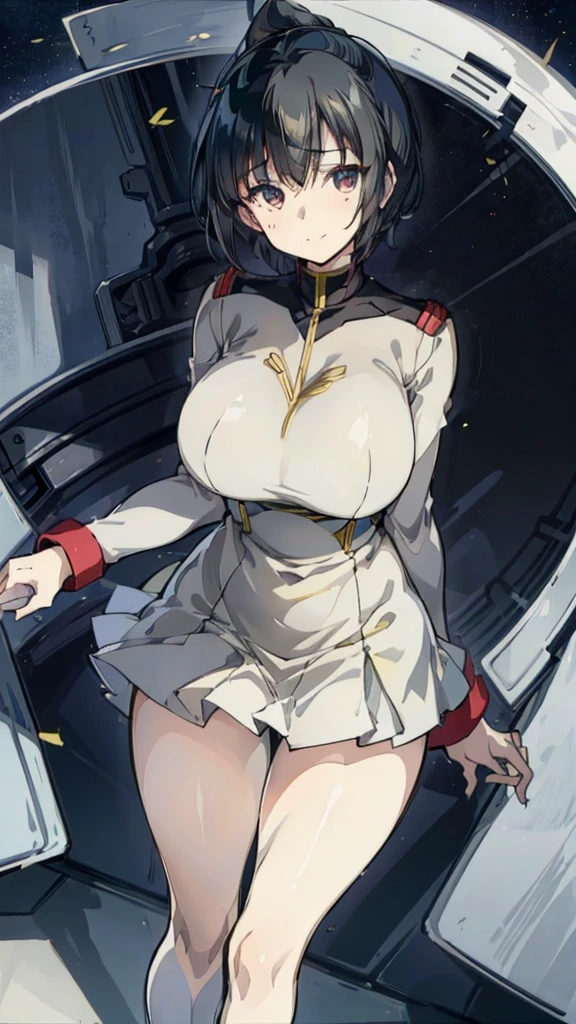 1 girl、Beautiful female officer of the Earth Federation Army、short black hair,Idol-level cuteness、Accurately draw faces、plump figure,Huge Breasts、Healthy Thighs Short Skirt Earth Federation Army、knee height、Battleship bridge interior、anatomically correct、Precise fingers、Precise leaf stone carving、Photoreal,Sunlight,Smile,stockings,Smile
