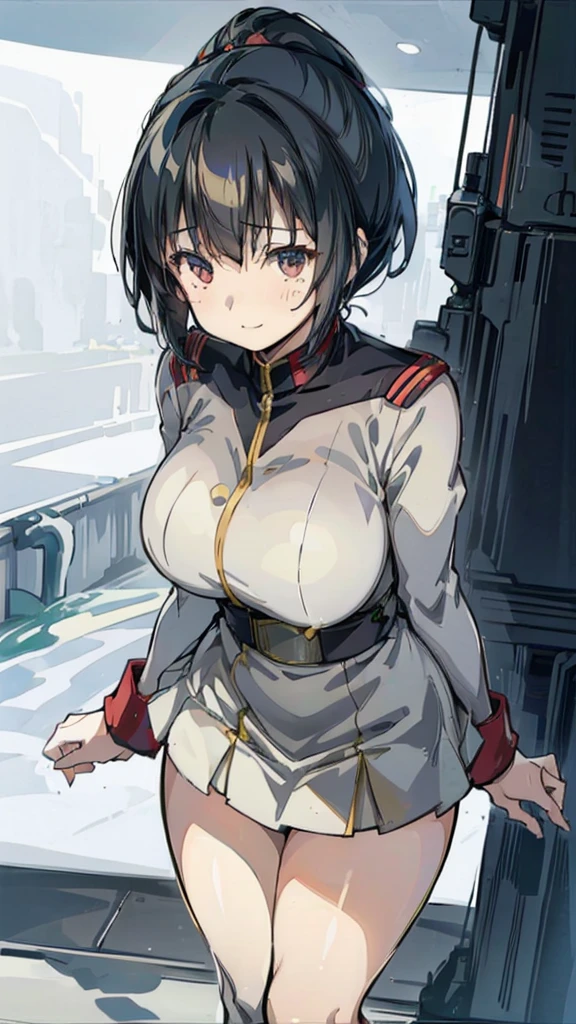 1 girl、Beautiful female officer of the Earth Federation Army、short black hair,Idol-level cuteness、Accurately draw faces、plump figure,Huge Breasts、Healthy Thighs Short Skirt Earth Federation Army、knee height、Battleship bridge interior、anatomically correct、Precise fingers、Precise leaf stone carving、Photoreal,Sunlight,Smile,stockings,Smile
