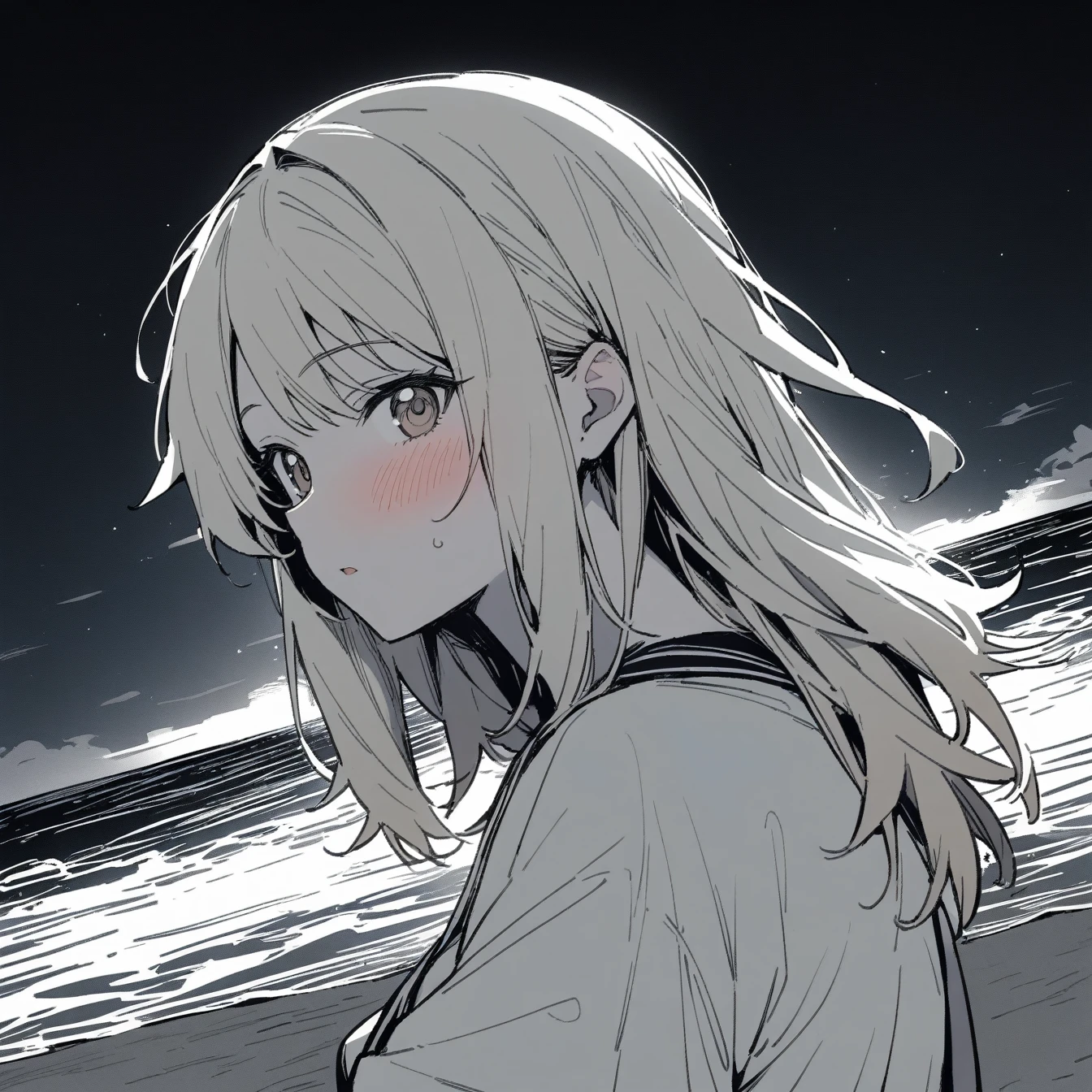 1 Girl, Nami, Ocean贼王, Solitary, Viewers, outdoor, night, Ocean, Beach,blush, breathe, avatar，Half Body，Comic style without color，angle, masterpiece, best quality