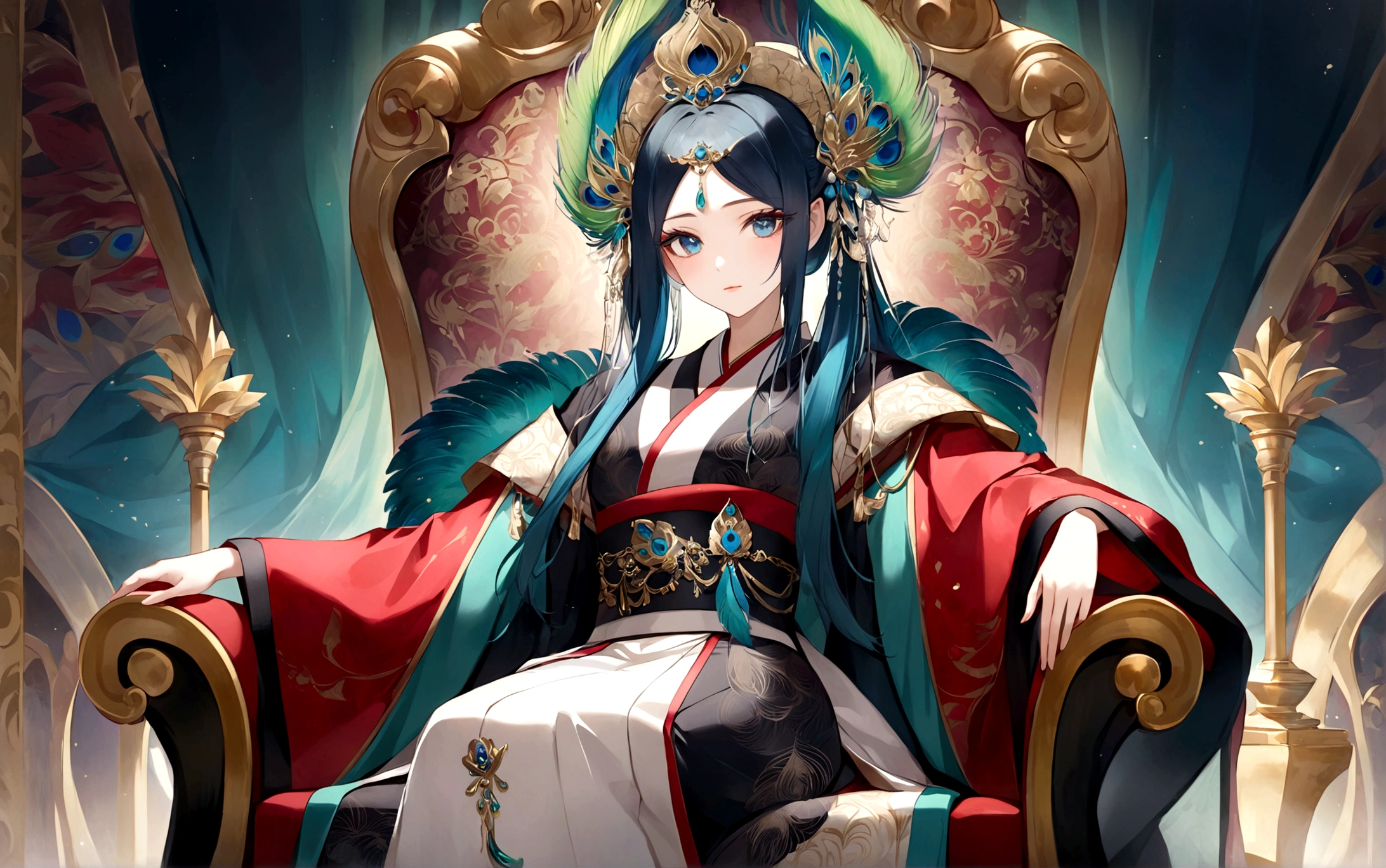 individual,Beautiful painting style,Beauty,Beautiful and dignified appearance,Contempt,Three-dimensional facial features,Peerless face,Exquisite and gorgeous,illustration,sacred,Inviolability,,Looking down on the world, majesty,magic, Exquisite hairstyle,Royal sister,,Long eyelashes,Exquisite hair accessories,Sitting on the throne,Soft Light,Clothes are conservative,Not exposed, A kimono with exquisite patterns of the royal family,The clothes are embellished with peacock feather patterns,emperor