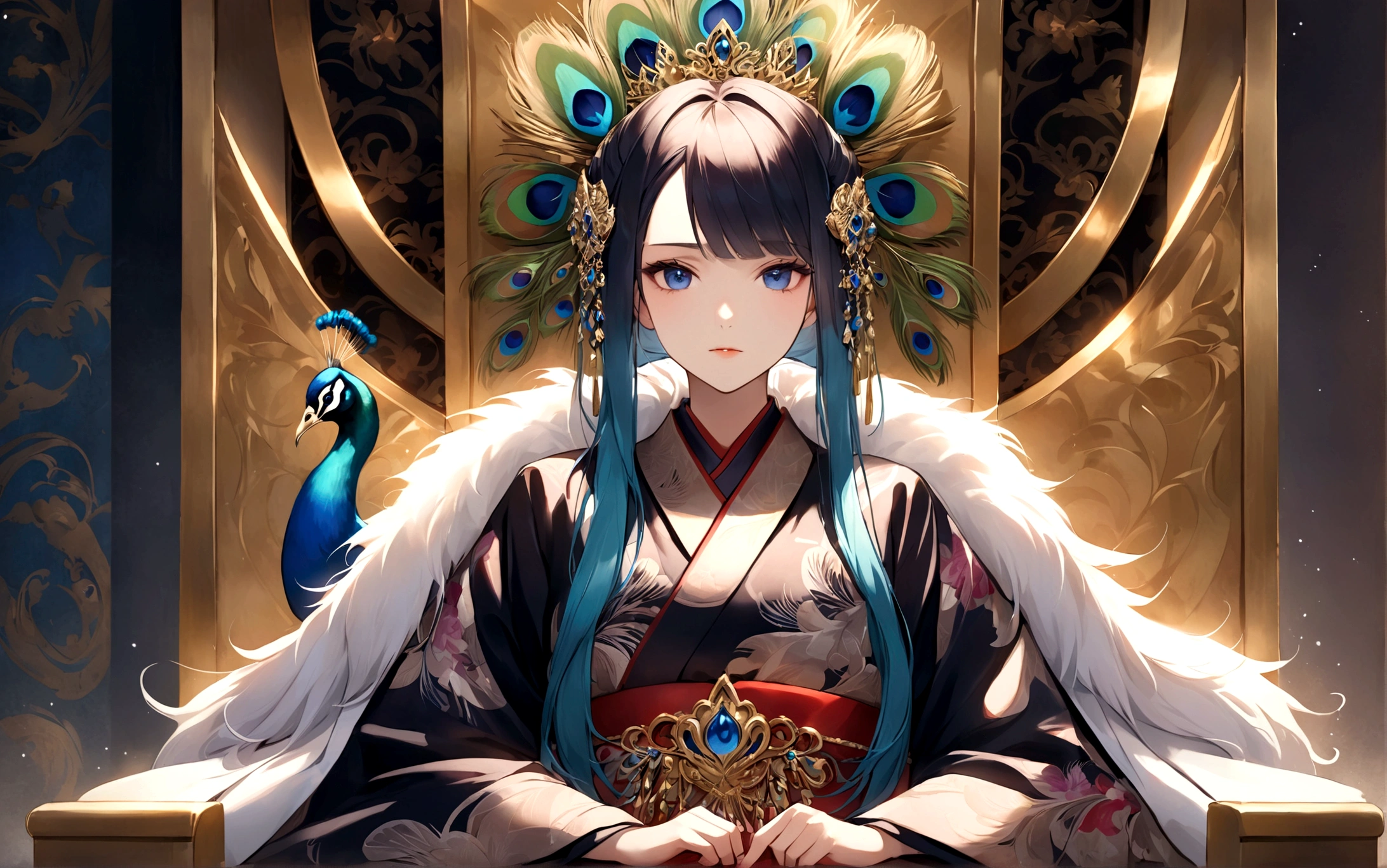 individual,Beautiful painting style,Beauty,Beautiful and dignified appearance,Contempt,Three-dimensional facial features,Peerless face,Exquisite and gorgeous,illustration,sacred,Inviolability,,Looking down on the world, majesty,magic, Exquisite hairstyle,Royal sister,,Long eyelashes,Exquisite hair accessories,Sitting on the throne,Soft Light,Clothes are conservative,Not exposed, A kimono with exquisite patterns of the royal family,The clothes are embellished with peacock feather patterns,emperor