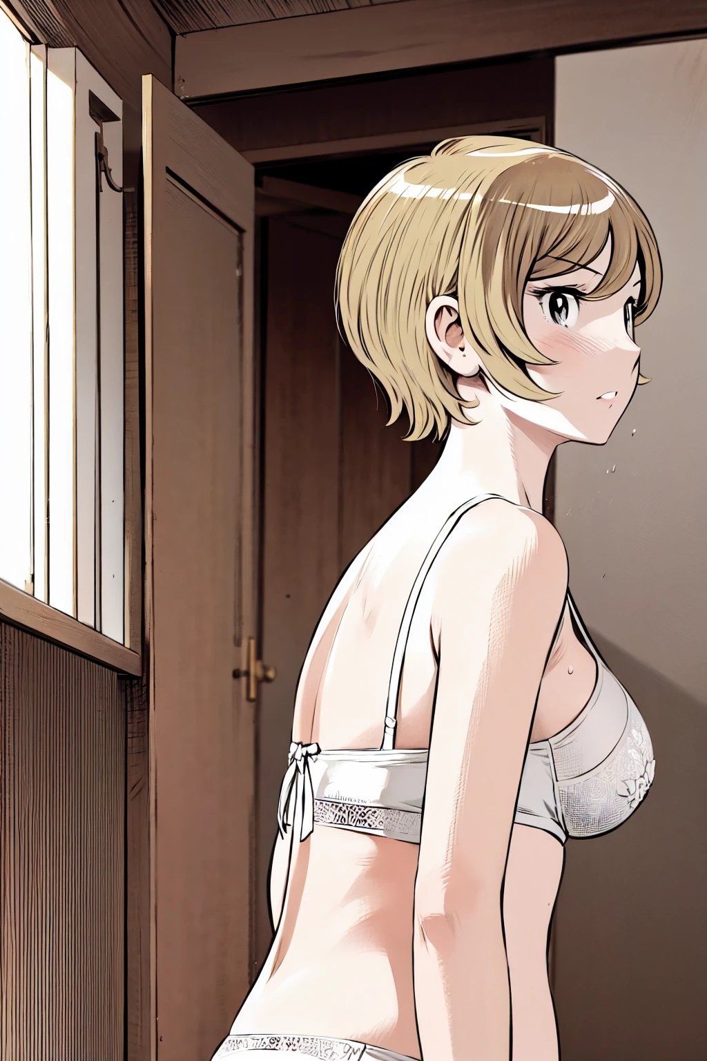 、(masterpiece、Highest quality)、Highest quality, Ultra-high resolution, (((masterpiece))), alone, Sweat、Big eyes, In underwear、bra、Panties、Small underwear、Composition from the front、(Cut the back hair short、short hair、blonde、woman)、Shortcuts、Embarrassed face、Cut your hair short、可愛いwomanの子、Big Breasts