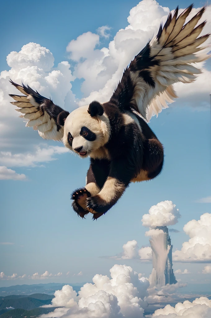 Panda flying with wings over world