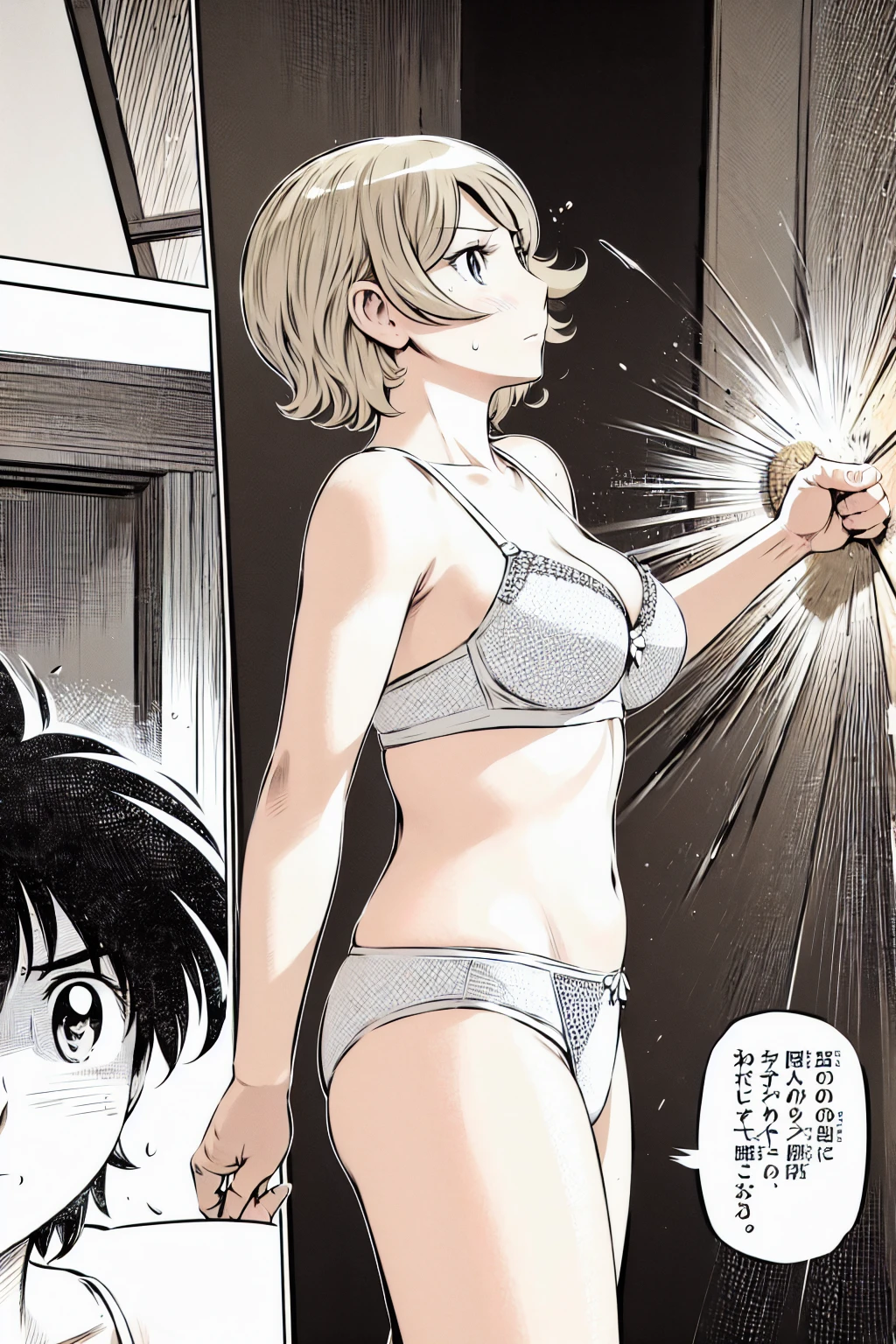 、(masterpiece、Highest quality)、Highest quality, Ultra-high resolution, (((masterpiece))), alone, Sweat、Big eyes, In underwear、bra、Panties、Small underwear、Composition from the front、(Cut the back hair short、short hair、blonde、woman)、Shortcuts、Embarrassed face、Cut your hair short、可愛いwomanの子、Big Breasts