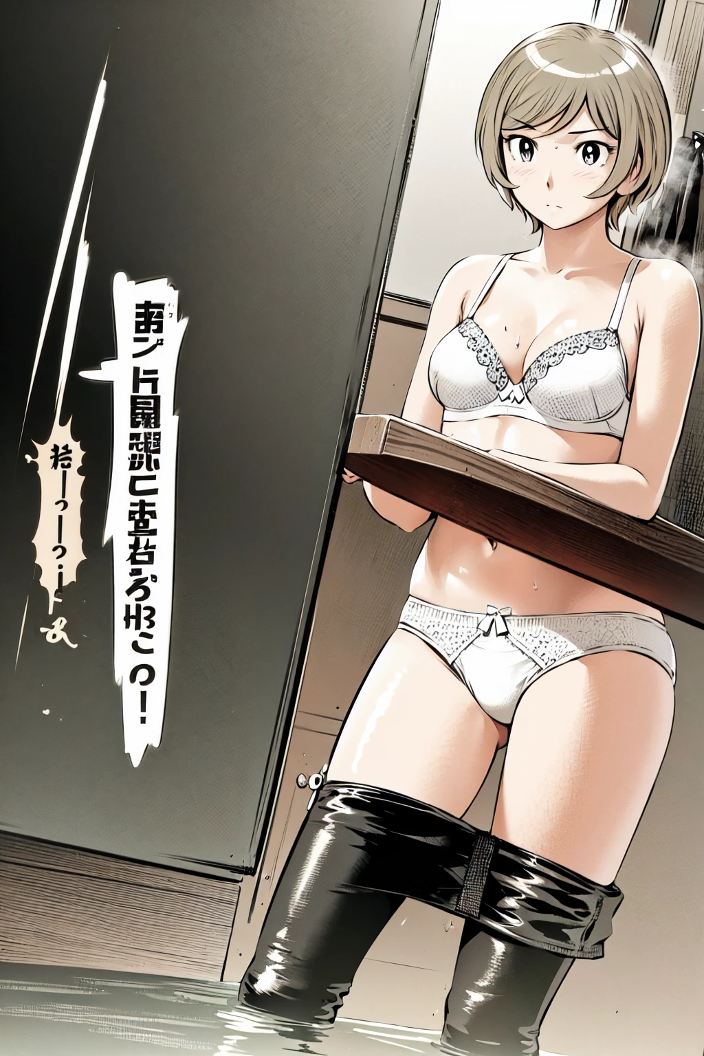 、(masterpiece、Highest quality)、Highest quality, Ultra-high resolution, (((masterpiece))), alone, Sweat、Big eyes, In underwear、bra、Panties、Small underwear、Composition from the front、(Cut the back hair short、short hair、blonde、woman)、Shortcuts、Embarrassed face、Cut your hair short、可愛いwomanの子、Big Breasts