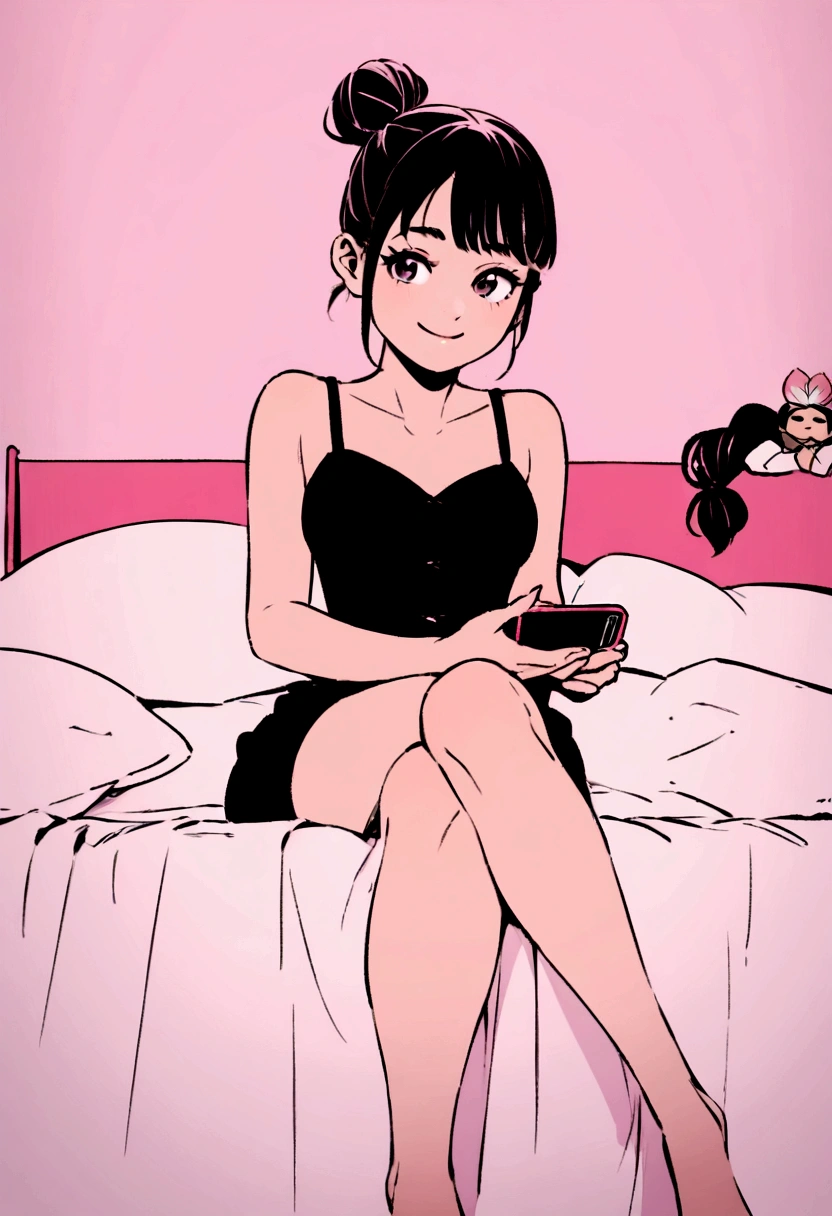 Make images for me: moana ((from the movie moana)), smiling lightly, a little close to the camera, wearing a black corset, hair tied into a casual bun, holding a cell phone, Sitting in bed, in the pink room.