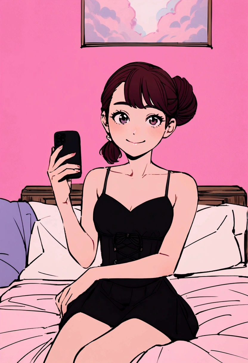 Make images for me: moana ((from the movie moana)), smiling lightly, a little close to the camera, wearing a black corset, hair tied into a casual bun, holding a cell phone, Sitting in bed, in the pink room.