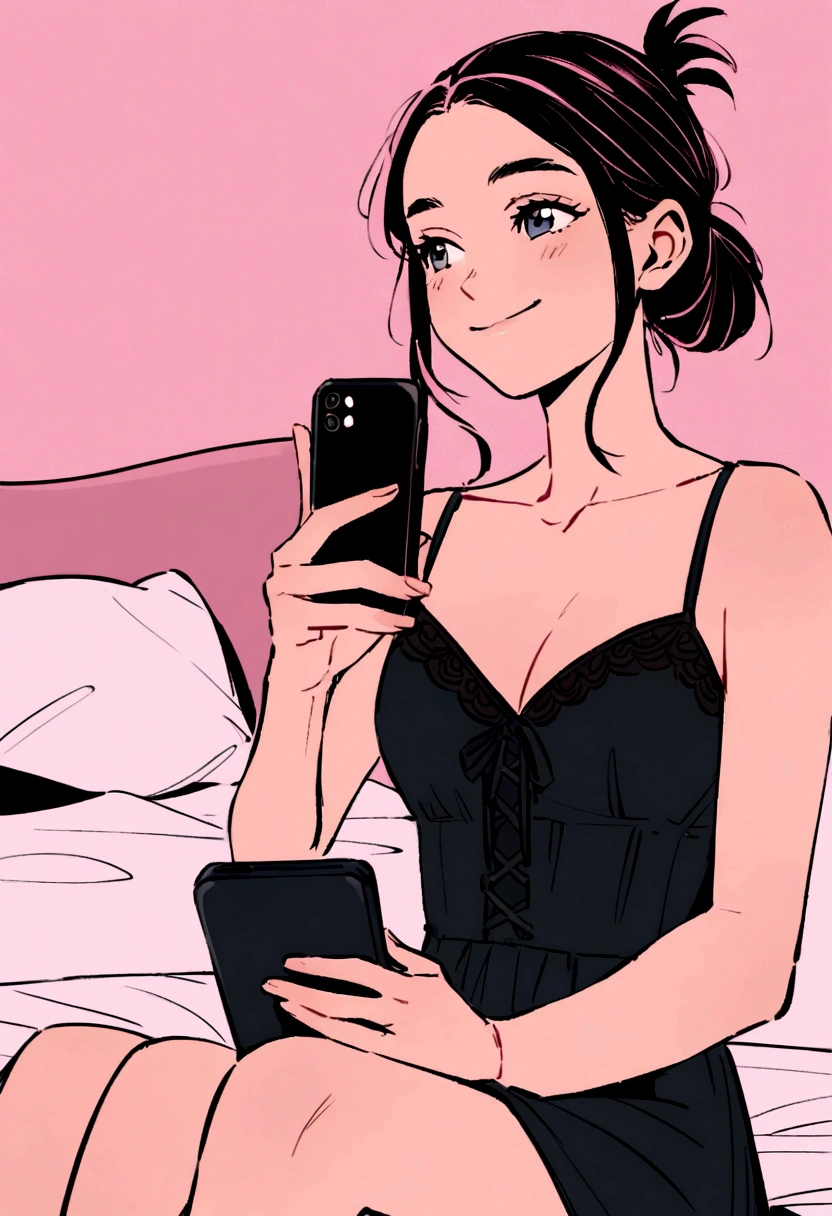 Make images for me: moana ((from the movie moana)), smiling lightly, a little close to the camera, wearing a black corset, hair tied into a casual bun, holding a cell phone, Sitting in bed, in the pink room.