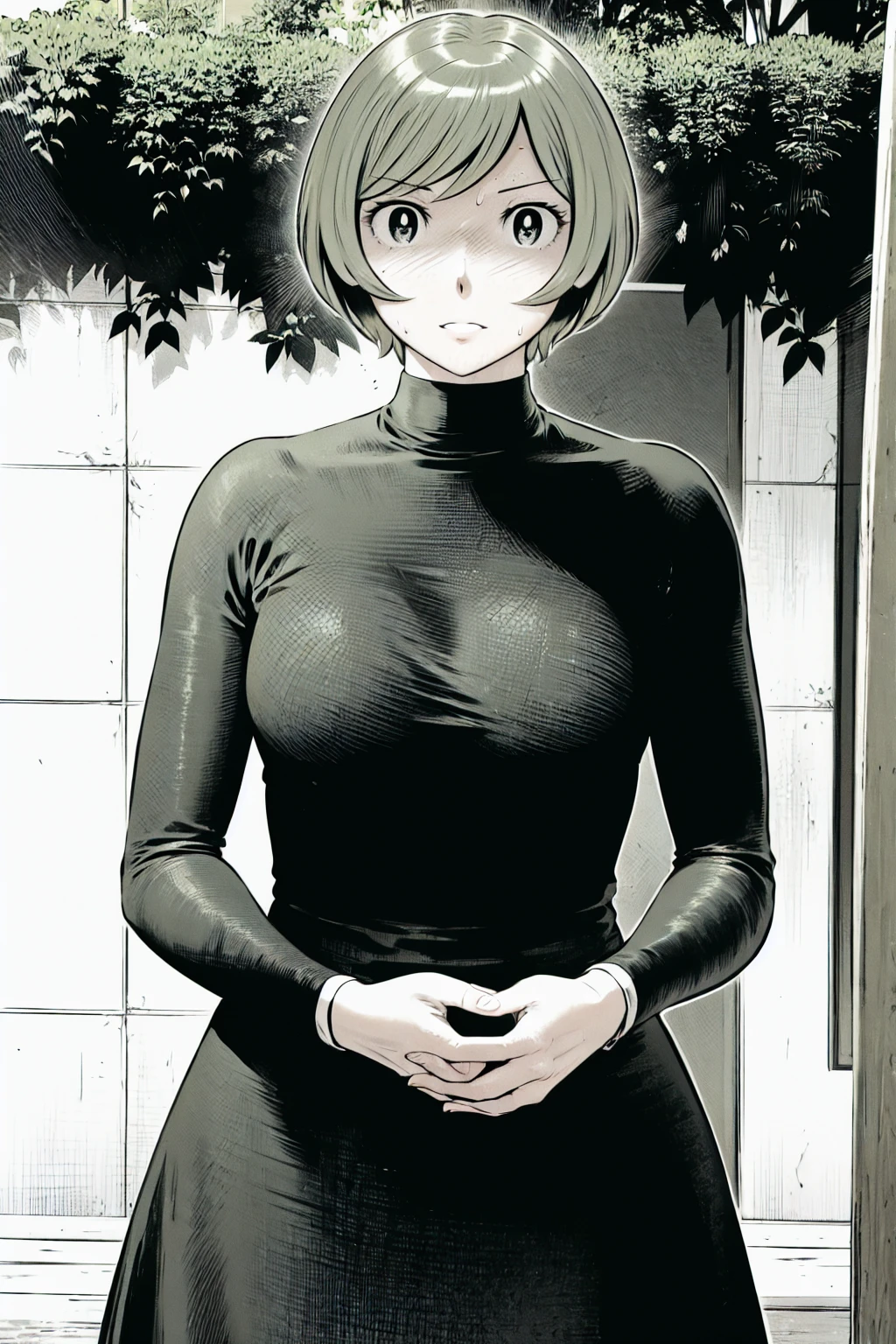、(masterpiece、Highest quality)、Highest quality, Ultra-high resolution, (((masterpiece))), alone, Sweat、Big eyes, No sleeve、Outdoor、Floral dress、Composition from the front、(Cut the back hair short、short hair、blonde、woman)、Shortcuts、Embarrassed face、Cut your hair short、可愛いwomanの子、Big Breasts