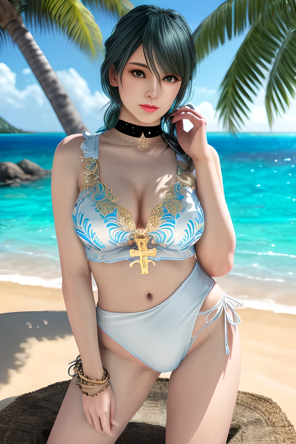 1girl,wearing a stylish white swimsuit. The outfit consists of a cross-neck top and a high-waisted bottom with sheer fabric and gold embellishments. a white sheet on the beach with a clear blue sea and sky in the background, surrounded by lush greenery and a few clouds. A palm tree can also be seen on the right. The sun is shining brightly, indicating that it is a sunny day. She is wearing white platform high heels and also accessorizing with jewelry such as bracelets and a choker. The overall picture gives off a tropical and beachy feel,, beautiful detailed eyes, beautiful detailed lips, extremely detailed eyes and face, long eyelashes, best quality, 4k, 8k, highres, masterpiece, ultra-detailed, realistic, photorealistic, photo-realistic, ethereal glow, regal elegance, intricate details, luxurious, otherworldly beauty, dark atmospheric background, supernatural aura, focus on thighs and above,tamaki