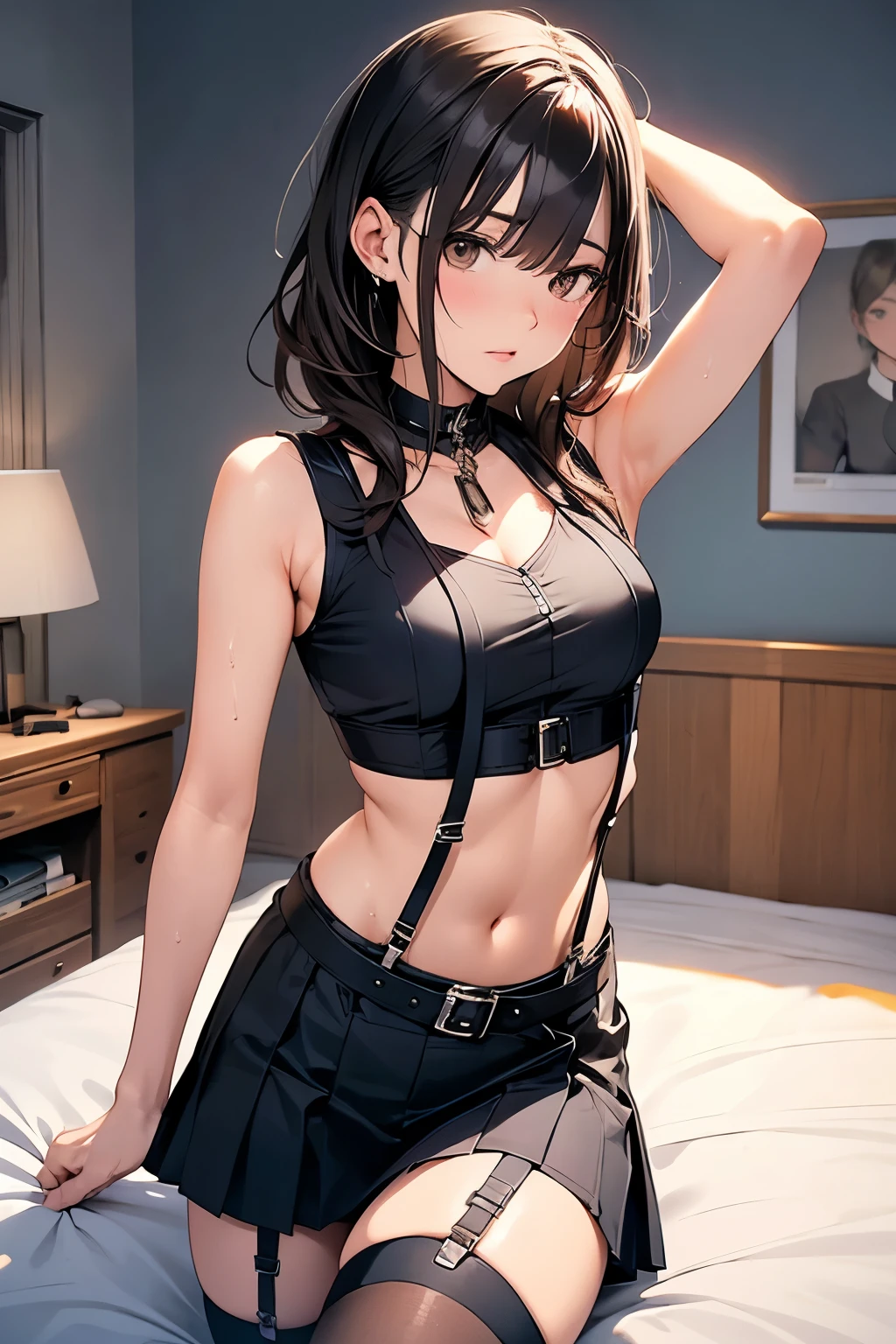 Gazing at the audience Black suspenders bulging big breasts wall mini skirt garterbelt garter vision Small face holster Beautiful woman Show me your hands Lying in bed vision Taunt ~ side ~ side汗 arm belt summer Armpit sweat