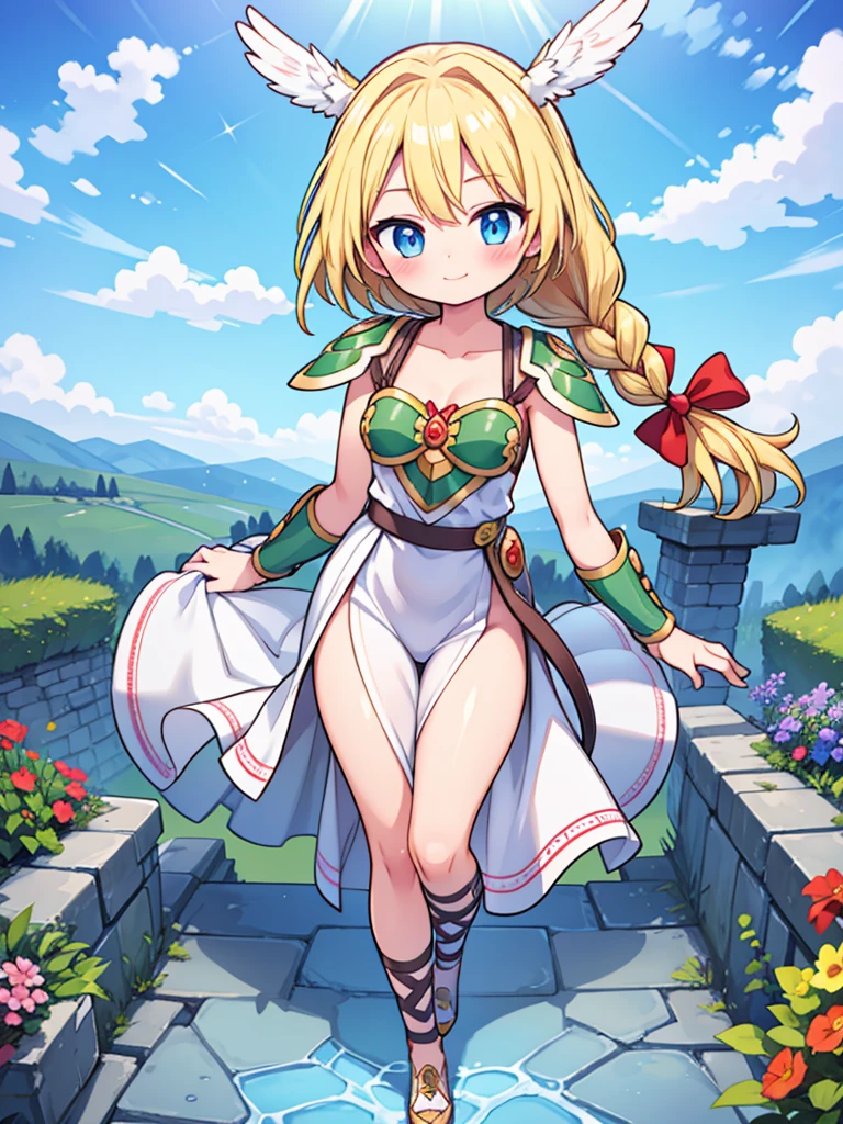 alone, one girl, Valkyrie, blonde, braid, single braid, cute, happy, nice smile, young, bright sunlight, Full body image, Are standing, dance, (masterpiece:1.2), best quality, masterpiece, top quality, looking at viewer, castle, castle gate, flowers, shining eyes, blush