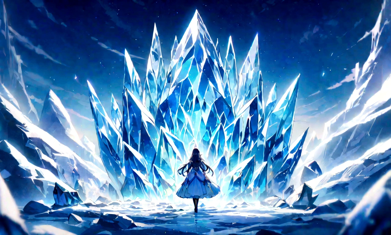 9(masterpiece,bestquality),Land of Crystals,ice field,bright,Shimmering like a diamond, it shines like a crystal,Bright and vivid colors,(depth of fields:1.2),the night,Holy,Light-sensitive,crystal