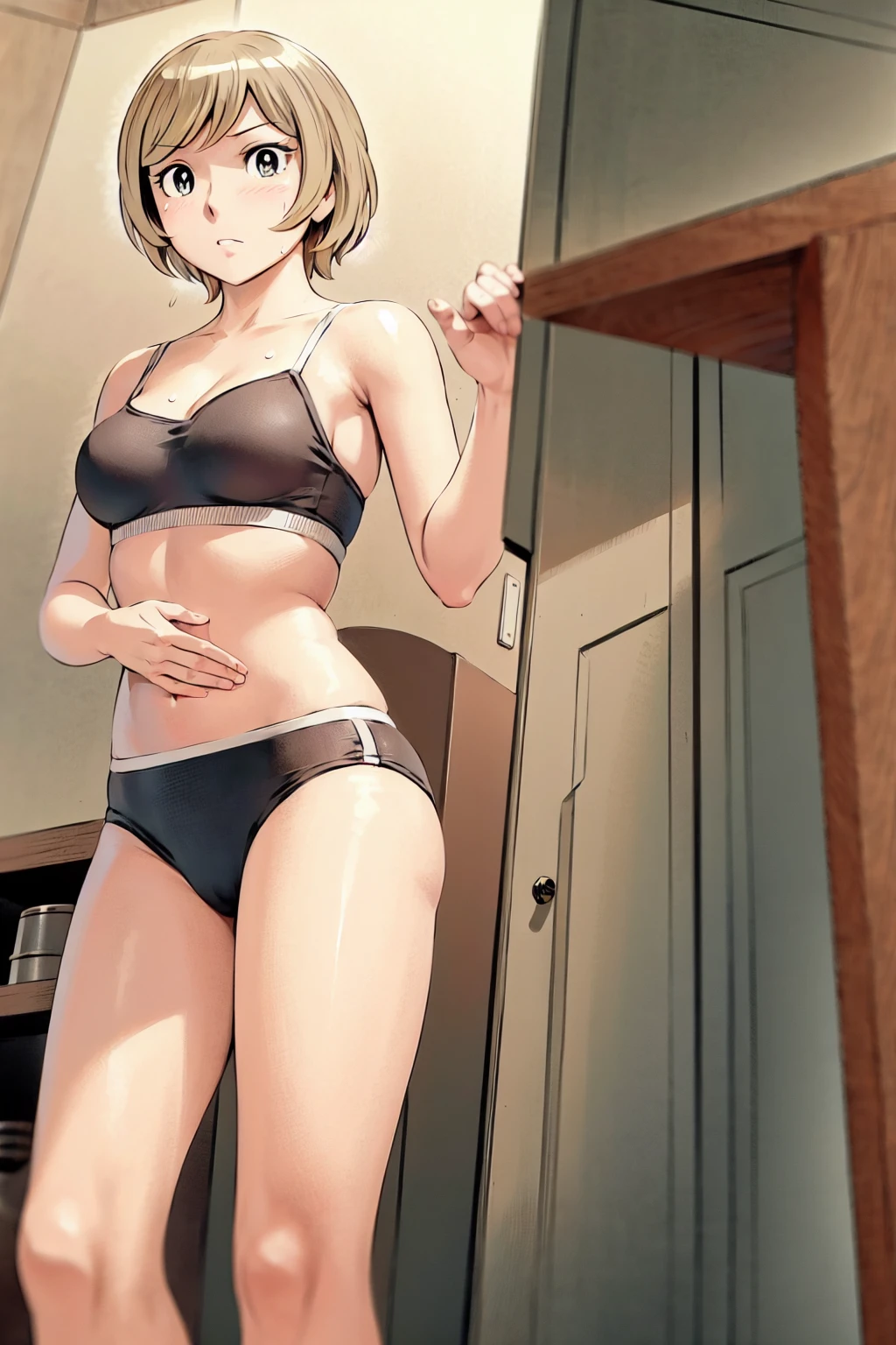 、(masterpiece、Highest quality)、Highest quality, Ultra-high resolution, (((masterpiece))), alone, Sweat、Big eyes, In underwear、bra、Panties、Small underwear、Composition from the front、(Cut the back hair short、short hair、blonde、woman)、Shortcuts、Embarrassed face、Cut your hair short、可愛いwomanの子、Big Breasts