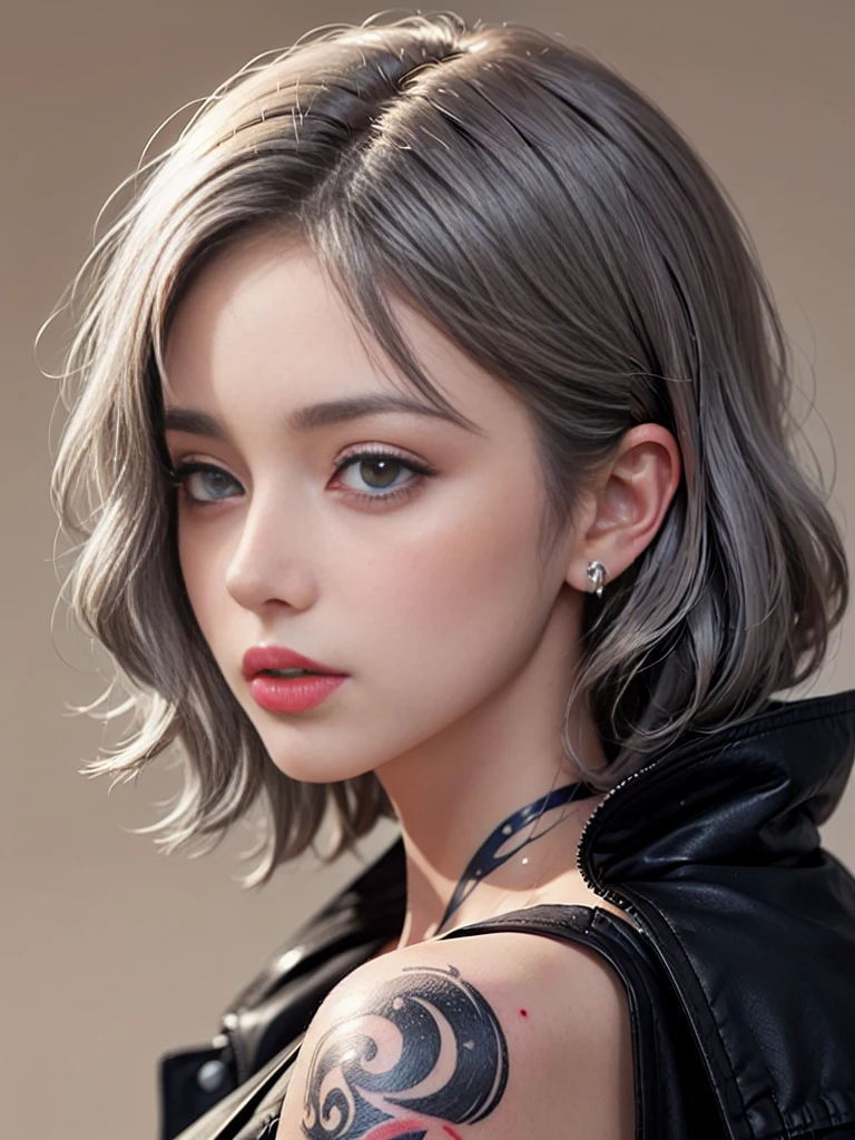 (((masterpiece)), ((best quality)), (ultra-detailed), ((extremely detailed)), 4K, (8K), best quality, a beautiful woman, (( gray hair)), ((curly bob cut)), hair in 7 thirds, light blue eyes, detailed skin, freckled skin, 20 years old, ((wavy hair)), ((hair over one ear)), ((Forehead)), ((1girl, solo)), from side, ((large tattoo on neck)), beautiful profile, looking away, beautiful neck, black jacket, jacket style, solid beige background