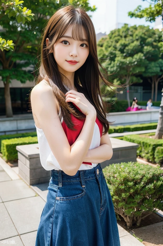 Japanese,Youthful, vibrant, elegant,upper body,Soft, natural lighting,Outdoor setting or studio with a natural backdrop,Bright and lively colors,focus on the hairstyle and facial features,Gentle and inviting expression,Contemporary fashion style,
