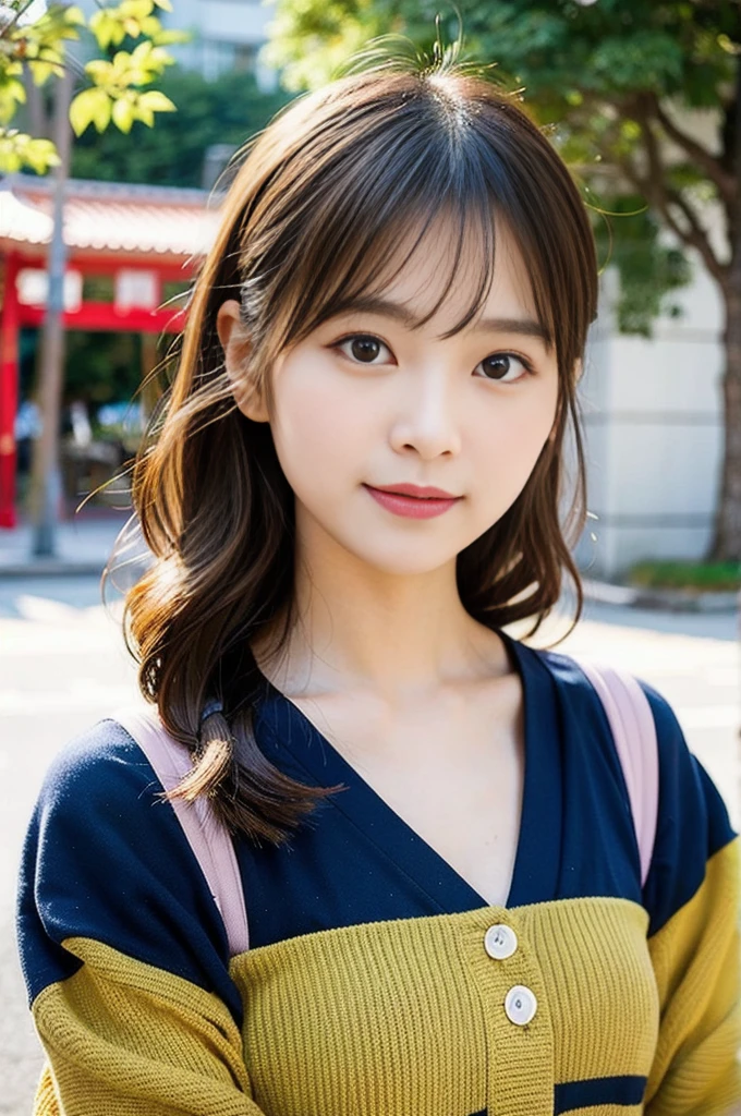 Japanese,Youthful, vibrant, elegant,upper body,Soft, natural lighting,Outdoor setting or studio with a natural backdrop,Bright and lively colors,focus on the hairstyle and facial features,Gentle and inviting expression,Contemporary fashion style,