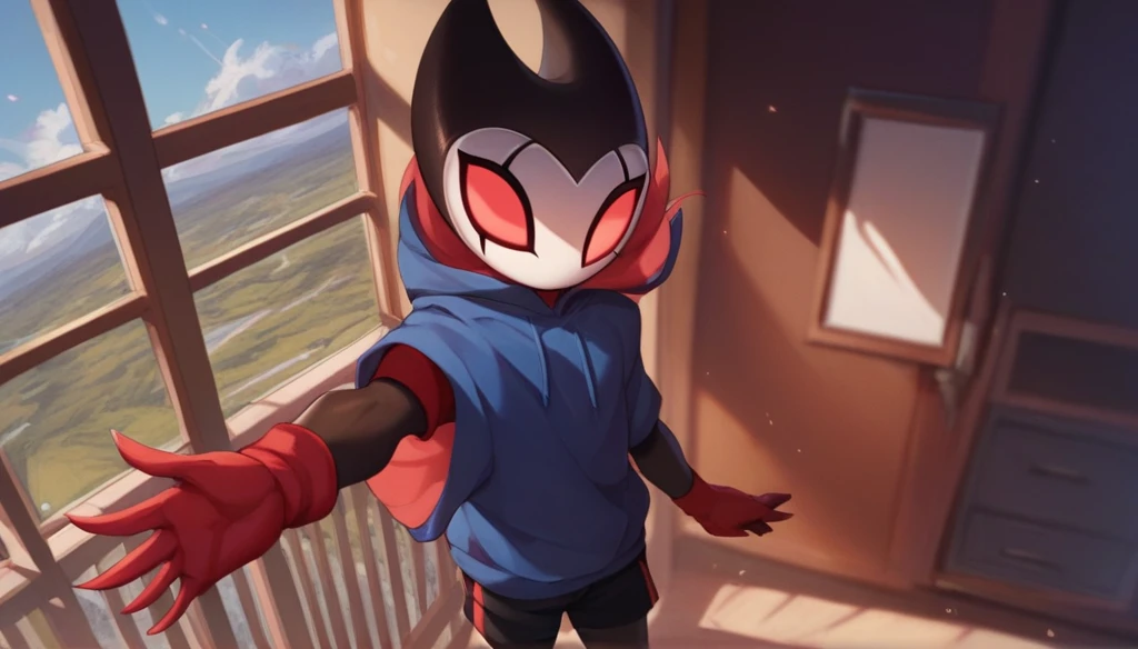 score_9, score_8_up, score_7_up, score_6_up, zPDXL2, grimm \(hollow knight\), vampire, bat, 1boy, solo, cute face, detailed eyes, anthro, near the window, landscape, looking at the viewer, highlight thighs, medium shot portrait, red sports gloves, sneakers, profile picture, blue hooded sweatshirt, shorts, top angle