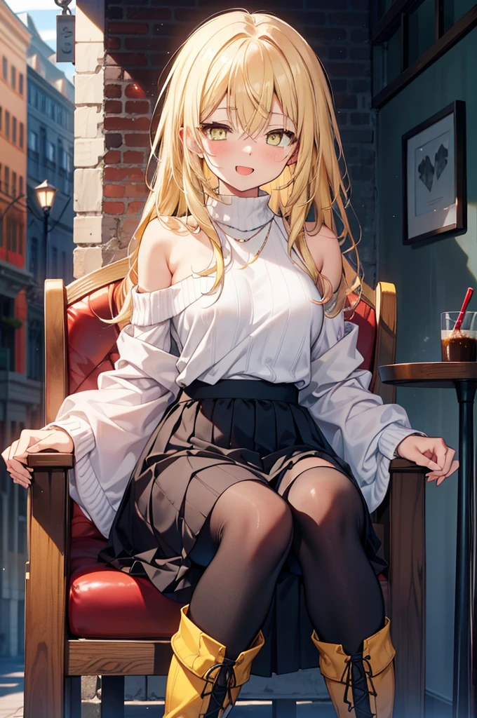 (アイスWallenstein, Wallenstein, blonde, Hair between the eyes, hair band, happy smile, smile, Open your mouth,Blonde,Long Hair, (Yellow Eyes:1.5),One-shoulder sweater,Long skirt,short boots,Sitting in a chair,There is food on the table,Daytime,Clear skies,whole bodyがイラストに入るように,　　　　　　　　　　　　　　　　　break looking at viewer, whole body,　　　　　　　　　　　break indoors,Coffee shop,,　　　　　　　　　　　　　　　 break (masterpiece:1.2), Highest quality, High resolution, unity 8k wallpaper, (shape:0.8), (Beautiful and beautiful eyes:1.6), Highly detailed face, Perfect lighting, Extremely detailed CG, (Perfect hands, Perfect Anatomy),