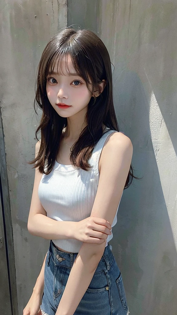 (Masterpiece, Best Quality:1.2), 1 girl, Alone,standing_to divide, 
wide, White Sleeveless Tank Top，blue denim shorts